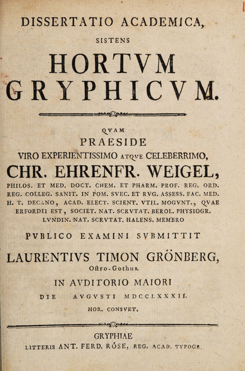 DISSERTATIO ACADEMICA^ SISTENS HORTVM G R Y P HIC V M. r.~ (^VAM PRAESIDE VIRO EXPERIENTISSIMO atqve CELEBERRIMO, CHR. EHRENFR. WEIGEL, PHILOS. ET MED. DOCT. CHEM. ET PHARM. PROF. REG. ORD. REG. COLLEG. SANIT. IN POM. SVEC. ET RVG. ASSESS. FAC. MED. H» T. DECANO, ACAD. ELECT. SCIENT. VTIL. MOGVNT., QV AE ERFORDII EST, SOCIET. NAT. SCRVTAT. EERQL. PHYSIOGR. LVNDIN. NAT. SCRVTAT. HALENS. MEMBRO PVBLICO EXAMINI SVB MITTIT LAURENTIVS TIMON GRONBERG, Oftro-Gothus. IN AVDITORIO MAIORI DIE AVGVSTI MDCCLXXXII HOR. CONSVET. ***€§&** GRYPHIAE LITTERIS ANT. FERD. ROSE, REG. ACAD. TYPOGR