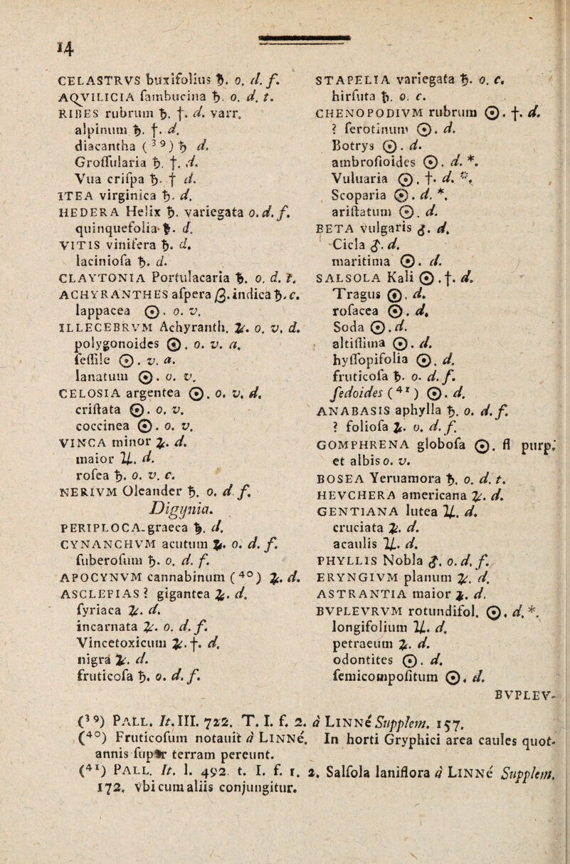 CELASTRVS bimfolius %, o. (L f. AQViLiciA fambucina t> o. d, t. RIHES rubrum b. f. d. varr, alpinum b- f• d, diacantha (3 9) b d. GroffuSaria b. f. d. Vtia crifpa b- f d. ITEA virginica b- d. hedera Helix b- variegata o.d.f. quinquefolia-f. d. VITIS vinifera b» d. iaciniofa b* CLAYTONIA Portulacam b. o. d. t. ACHYRANTHES afperaQ.indicab^. lappacea @. 0. t>. ILLECEBRvm Achyranth. 0. v. d. poSygonoides ©, 0. v. a. feffile 0 . v. lanatum ®. 0. v, CELOSIA argentea Q.o.v.d. criftata ©. 0. v. coccinea © . 0. v, VINCA minor d. maior 21. d. rofea b* 0. v. c. KERIVM Olcander b. 0. d f, Digynia, PERiPLOCA.graeca %, d, CYNANCHVM acutum 0. d. f. fuberofum fy. 0. d. f. APOCYNVM cannabinum (40) d. ASCLEPIAS i gigantea d, fyriaca d. incarnata 0. d f. Vincetoxicuni d, nigra d. fruticofa b* 0. d. f. STAPELTA variegata t?. 0. c, hirfuta b- o, c. CHENOPODIVM rubrum ©. -j-. d. ? ferotinum 0. d. Botrys 0. d. ambrofioides ©. d. *. Vuluaria 0. f. d. i;t\ Scoparia 0. d. *. ariftatum 0. d. BETA Vulgaris <$. d. Cicla £. d, maritima 0. d. SALSOLA Kali © .f. d. Tragus ©, d. rofacea ®.d, Soda 0. d. altiflima 0. d. hyflbpifolia 0. d. fruticofa b- 0. d. f. fedoides ( 41) 0. d. ANABASiS aphylla b. 0. d. f. ? foliofa 0. d. f. GOMPHRENA globofa ©. fl purp,' et albis 0. v. BOSEA Yeruamora b. 0. d. t. HEVCHERA americana d, GENTIANA lutea 21. d. cruciata d. acaulis 2/,. d. PHYLLIS Nobla <?. o.d.f. ERYNGIVM planum d, AS TR ANTI A maior d. BVPLEVRVM rotundifol. Q,d, *. longifolium 21. d, petraeum d. odontites 0. d, femicompofitum ®. d. B VPLEV- ' ■'V r . ' ^ '1 C19) PaLl. It. III. 722. T. I. f. 2. d LinniSuppIew. 157. (4°) Fruticofum notauit d LiNNe, In horti Gryphici area caules quot¬ annis fu p^r terram pereunt. C41) Pall. It. 1. 492 t. I. f. r. a» Salfola laniflora d LiNNe Supplevi. 172, vbi cum aliis conjungitur.