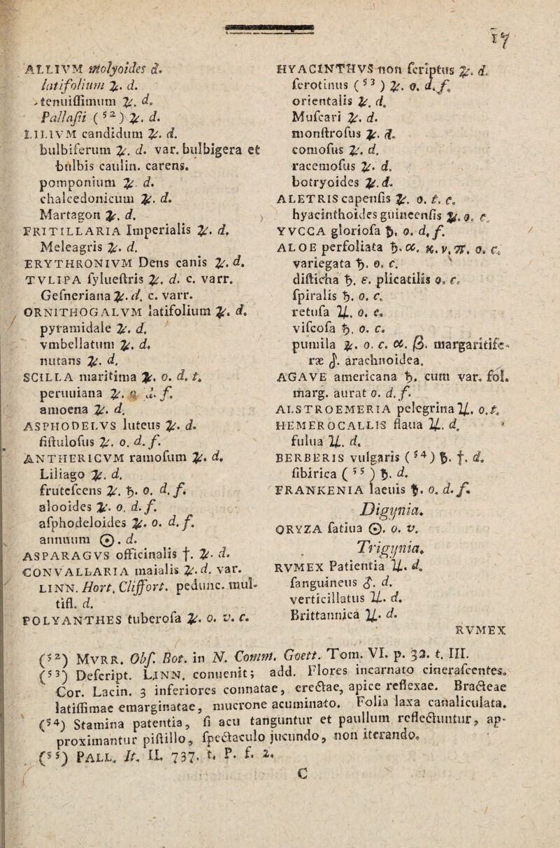 'ALLIVM molyoides d. latifolium d. -tenuiflimum ly. d, pallafn (*2 ) %. d, LILIVM candidum d. bulbiferum d. var. bulbigera et •bulbis caulin. carens, pomponium d. chalcedonicuui d, Martagon d, > FRiTiLL ari A Imperialis Jr. d. Meleagris d. ERYTHRONivm Dens canis 14. d, tvlipa fylueftris #. d. c. varr. Gefneriana f/, c. varr. ORnitkogalvm latifolium da pyramidale <f„ vmbellatum d. mitans i. SGilla maritima 0. i. /. peruuiana rf:i d* f, amoena d. ASPHOOELVS luteus i. fiftulofus 0, d. f. ANTHERICVM ramofiim i. Liliago d, frutcfcens b- ^ /*♦ alooides &'• 0. d./1. afphodeloides 0. d. f annuum ©•<*• .. . ASPARAGVS officinahs f. d. CONVALLARI A maialis %.d. var. linn. Hort, Cliffort. pedunc. mul» tifl. d. HVACXNTHVS non fcrlptus %. d, ferotinus ( 5 3 ) a. orientalis |r. r/0 Mufcari rf. monftrofus & comofus d. racemofus d. botryoides i. ALETRIS capenfis £■„ 0. jf, hyacinthoides guineenfis j*. 0, f YVCCA gloriofa 0. d,f. ALOE perfoliata 0, variegata b> ©» C diftieha b. plicatilis <l c, fpiralis b- 0. c retufa 2/,. 0, u vifcofa b. o* c° pumila %, 0. c. oc. {3. margaritife¬ ras J*. araclinoidea, AGAVE americana b» cum var. fol. marg. aurat 0. d.f. ALSTROEMERIA pe!egrina22. o.A HEM ERO CALLIS flatia 2/,. cf, fulua 22. dt BEREERis vulgaris (54) fj« f. C fibirica ( 5 5 ) d, FRANKENIA laenis 0, &/• Digynia. ORYZA fatiua 0. 0. V. Trigijnia* RVMEX Patientia 22. fanguineus <£. verticillatus 22* rf. Brittannica 22- d. POLYANTHES tuberofa 0. v. f. RVMEX (?2) Mvrr. (%/. Bot. in iV. CwM. Goett. Tom. VI. p. 33. t. III. )?3< Defcript, LjNN. conuenit; add. Flores incarnato cinerafcentes. Cor. Lacin. 3 inferiores connatae, eredlae, apice: reflexae. Bra&eae Satiffimae emarginatae, mucrone acuminato. Folia laxa canaliculata. C*4) Stamina patentia, ii acu tanguntur et paullum rcfleflamtur, ap- proximantur piftillo5 fpeaaeulo jucundo, non iterando, (ss) Pall* /A IX. 737’ -*♦ F* ^ C