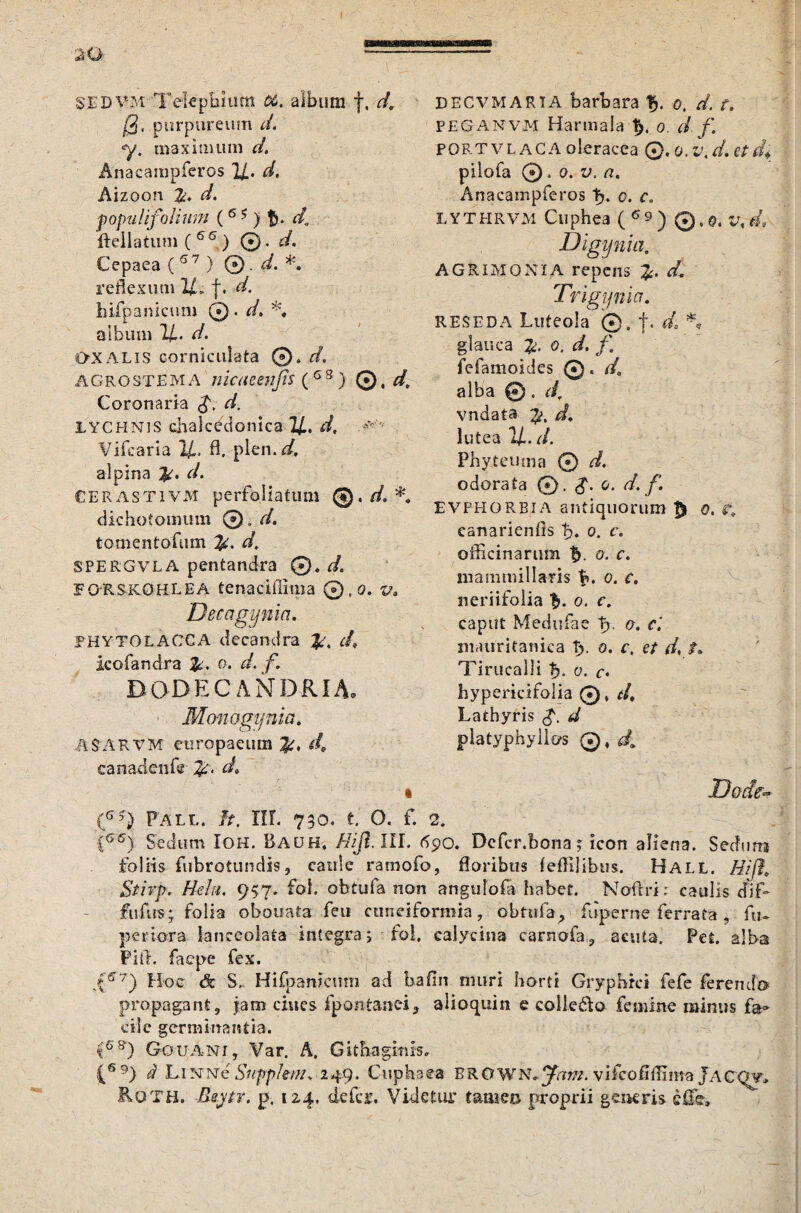 SEDVM Telepbitim 06. album f, d, 0, purpureum d. y. maximum d. Anacampferos 14 • d. Aizoon d. populif olium (6 5 ) d. fteliatum ( 66) 0. d. Cepaea ( 6 7 ) 0. d. *. reflexum IX. f. d. hifpanicum 0 . d. *♦ album 14. d. OXALIS corniculata ®, d, AGRO stem A nicaeenjis (6S ) ®, d. Coronaria <£. d. lychnis chalcedonica 14. ^ Vifcaria 14* A. plen.4 alpina r/. CERASTiVM perfoliatum ©.//.*> dichotomum ®„r/. tomentofum #. d, SPERGVLA pentandra ®. d. FORSKOHLEA tenaciflima ®.o. Decagynia. PHYTOLACCA decandra <4 icofandra o. r/. f, DODEC ANDRIA. Monogynia. ASARVM etiropaeum 3/, 4 canadenfe <4 DECVMARTA barbara 0, 4 f. PEGANVM Harmala 0. d f. PORT v L aC A oleracea Q. 0,u, d, f/• d4 pilofa ®, 0. v. a. Anacampferos 1> c. c. LYTHRVM Cuphea ( 6 9 ) ©, 0. V, 4 Digynia. AGRIMONIA repens <4 Trigijnia. RESEDA Luteola ®. f. d. *, glauca «5. t/. /'. fefamoides 0. /4 alba © . d, vndata 4 lutea 14* d. Phyteuma 0 d. odorata ®. $. q. d. f. EVPHORBIA antiquorum D q. r» canarienfis f>. 0. c. officinarum |> 0. c. mammillaris b. 0. c. neriifolia 0. c. caput Medufae ty o. c', mauritaniea t). 0. c, et d, $* Tirucalli tj. 0. f. hypericifolia 0* dt Lathyris g. d platyphyllos 0, 4 Dode°* (G$> Pall. It. HL 730. t. O. f. 2. CG5) Sedum Ioh. Uauh, Hiji.lll. 690. Defcr.bona; icon aliena. Sedur» foliis fubrotundis, caule ramofo, floribus (eflllibus. Hall. Hifl> Stirp. Heht. 957. fol. obtufa non angulofa habet. Noftri: caulis diffi fufus; folia obouata feu cuneiformia, obtufa^ fuperne ferrata, fu- periora lanceolata integra; fol, calycina carnofa, acuta, Pet. alba Pilt. faepe fex. X57) Hoc & S, Hifpanictlni ad bafin muri horti Gryphrci fefe ferendo propagant, jam chies fpontanei, alioquin e colle do femine minus fa> eile germinantia. C6 &v) Gouani, Var. A. Githagims, (6 9) i L1 nne Supp/em, 249. Cuphaea BROWN.J,m. vifcofiffima Koth. JUjtr. p. 124. defer. Videtur tamen proprii generis cflfe.