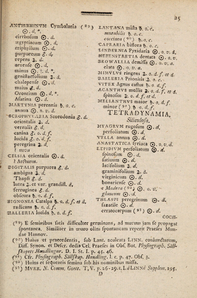 A1$ rifvTm m vtvt tJyirfbala d a © . d, *. -cirrhofum @. cl Aegyptiacum ®. <£ fltriphyjlum ©.«& purpureum #. dt 1'cpens d, aruenfe ®. d* minus 0. f. d, *. geni&adfolhmi %, d0 chalepenfe @, d, maius #. d. Orontium ®. d, *0 A farina JviARTYNiA perennis %. o, c, an mia .©. o, v. d. -•SCROPHV LABIA ScGrodonia d orientalis £. d, venialis d, canina £. o. d.f lucida $. o. d. f peregrina 4, ? nova CELSI A orientalis 1 Ar&urus, Digitalis purpurea i, ambigua %, d Thapfi d. lutea et var. grandifl. ferruginea $,.d. obfcnra b. o. d,f 3IGNONIA Catalpa $. -o, d. f. et A radicans f>« o, d. f, &ALLER1A lucida b. o. d. f. ( 8 9 3 A’N T ava mlfa b. o.' d mutabilis %. o. c. coccinea ( 90 ). %. o. e. CAPRARIA bifora b- o. r. *LI N D ER Ni A Pyxidaria ® ovi «EREnstretia dentata ®. 0 J SROWAILIA demi fla ©, 0t.Vt ar ‘ elata ©. o. v. a. milMVLVS Tingens o. d.f et d, SARI.ERIA Prionitis o. c.. vitex Agnus calhis b« o. d.f. ACANTHVS mollis O.d.f] et $, fpinoftK %. o. d. f et d. M E l E A n T h v s maior b* o, d. f minor ( 91) b o. d. f, tetradynamia, Siliciilofa. HYAGRVM rugofum ©, d, perfoliatum ©. d, vella annua ®. d. ANASTATrcA fyriaca ©. o.v,4* DEPIDIVM perfoliatum ©. d fpifiofum 0. d, fatiuiim ®. d. latifolium :graminifoliinn 5. virginkum ©. d. bonarienfe ®. f. °e Madtra (v*) ©, o. f, glaucum ©. f. THLASPi peregrinum @, fax stile ®.V. eeratocarpum ( 93) 0. d. COC--S- (89) E feminibus fatis difficulter germinans, ad murum lam fe propagat fpontanea. Similiter in muro olim fpontaneam reperit Praefes Mun¬ dae Hannov. _/ _ » (9°) Huius -et praecedentis, fub Lanf. aculeata Lihn. coniundlanim, Diffi Synon. et Defer, dedi* Cei. Praefes in Obf. Bot, Plyfograpb. Siill fkapets Mcmdlingar. D. I. St. I. p. 45.. 46, (9J) Cfr. Pbyfiograph. Siiilfkap, Handlmg. 1. c. p, 47. Obf. 3» (921) Huius et fetpientis femina fub his nominibus miffa. .{55) Mvrr, N. Comma Goctt. T, V. p. 26-29. tj.f LiNNe Supphnu 295,