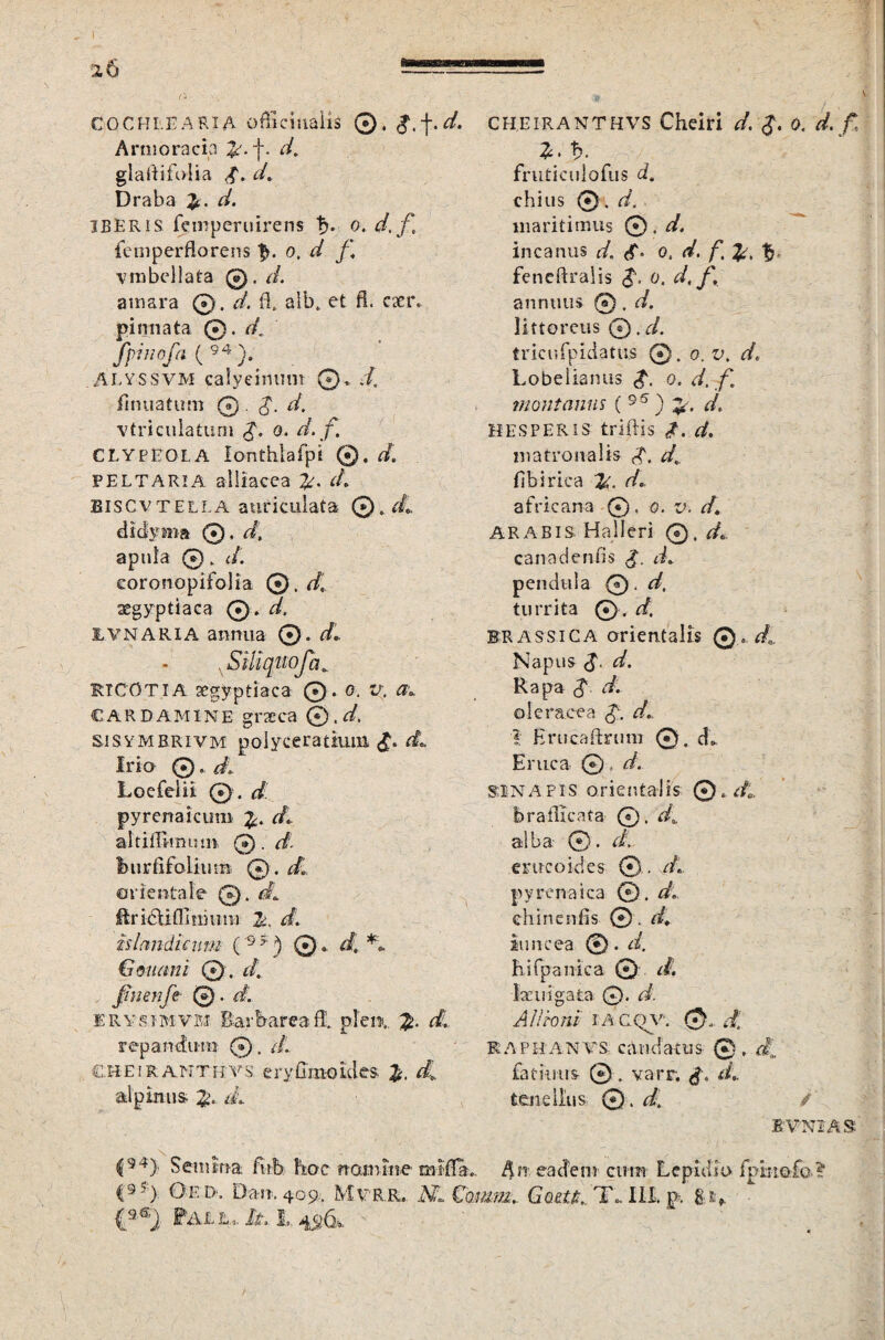 COCHLEARIA officmalis ©. f.f.d. Armoracia Jr. j-. d. glaftifolia d. Draba d. iBERis fcmperuirens t>* o. d.f. femperflorens fu °> d f vmbellata @. d. amara @. d, fl. alb. et fi. cxr, pinnata 0. d, fpinofa ( 94 }. ALYSSVM calyeinum Q» d. finuatum 0. g. d, vtriculatum $. o. d.f. CLYPEOLA Xonthlafpi ®. d. peltaria aliiacea d. BISCv TElLA auriculata ©. d., dfdyma ®. d\ apula ®, d. eoronopifolia ©. d, aegyptiaca 0 . d. I.VNARIA annua ©• d RICOTIA aegyptiaca 0. o. u. a* CARDAMINE graeca ®. 4. sisymbrivm polyceratium. d. Irio 0di Loereiit ®. d pyrenaicimi d. ait i firmum, ®. d. burfifolium ®. di orientale ®. d ItridUflmium 3>, d. islmidkum ( 95 ) ©. d. *i Gena ni ©. d. finenfe ®. d. 1RYS.IMVM EarlrareaflL ple».. d, repandum ®. d. C.HEIRANTHVS eryGmoides d aipinus- d. C94> Semina fub Pioc nomine mifTk. CHEIRANTHVS Cheiri d. o, d. f. fruticulofus d. chius ©-. d. maritimus ©. d. incanus d. o. d. f, b fencftralis 5. 0. d. f, annuus ®. d. littoreus ©. d. tricufpuiatus ®. o.v. d« Lobeliantis $. 0. d.f. montanus ( 95 ) £. d. HESPERIS triftis /. d. matronalis $, d.. I7bi rica d- africana 0. e. e;, d. ARABIS HaIIeri 0. d. canadenfis $. d. pendula 0. d, turrita 0 . d. brassica orientalis Q. da Napus <£. d. Rapa $- d. oleracea g. d. \ Erucaftrum ©. <r. Eruca ©♦ d. SINAPIS orientalis ©» de, t> radicata 0. d. alba ©. d. erucoides © . di pyren-aica ©. d. ehinenfis ©. d. iuncea 0. d. hifpanica 0 d. Huigata ©• d A/doni 1 a CQV. 0, d. RAPHANYS catuiatus 0,4. fatiuus © . varr. <jf. d+ tenellus 0 . d. / BVNIAS- An eadem cum Lepidio fumo-fa? C9 *> Oe D-. Da». 409.. MVR.Ru JNL Camm, GoetJ. X. III. p. 8if CaCj Fall,. /a I, 496*.