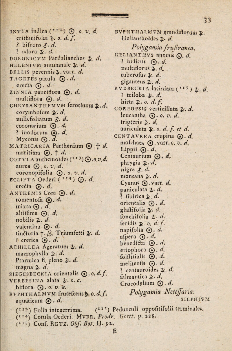 crithmifolia ty. o. d, f. ? bifrons £. d. ? odora d. DORONicvM Pardalianches </, HELENIVM autumnale d. bellis perennisvarr. */. TAGETES patula ©. d. ere6ia 0. d. ZiNNiA paueiflora ©. d, multiflora 0. d. CHrysanthemvm ferotiiumi d. coryuibofum d. miilefoliatum $. d» coronarium ©. d. ? inodorum 0. d. Myconis 0. d. Matricalia Parthenium ©,-j- */. maritima 0. f d. COT vl A anthemoides (T13) 0.o.v.d aurea © . o. v, d, corcnopifolia 0. o. v. d. ECLtPTA Oederi ( 114) ©. d, ere6ta G>-d. ANTHEMIS Cota 0, d. tomentofa ©• dm mixta 0. d. altiflima 0. d. nobilis d. valentina 0. d. tin&oria f. Q. Triumfetti d\ ? cretica 0. d. ACHILLEA Ageratum d. macrophylla d. Ptarmica fl. pleno d. magna d. SIEGESBECKIA orientalis 0.0.d.f. VERBESiNA alata o. f. biflora 0. o. v. a. BVPHTH almvm frutefcenslj. o.d.f aquaticum ©. d. (J lZ) Folia integerrima. (IX (lI*) Cotula Oederi, MvRR. Prodr, (x15) Conf. Retz. (2/^ Bot, II. E Helianthoides ^ Potygamia fru [trama, HELIANTHVS annuus 0, ? indiciis Q,d. multiflorus nC tuberofus Jr. d, giganteus d, rvdbeckia lacinlafa (SI?) £■. ? triloba r/. hirta o. d.f. COREOPSIS verticillata £. d. leucantha ©•«• v. tripteris d. auriculata o. ^/. /. <?£ CENTAVREA crupina 0. mofchata 0. varr. o. v. Lippii 0. af. Centaurium phrygia </. nigra d. montana Cyanus ©.varr, paniculata ? fibirica d. orientalis 0. d. glaftifolia d. fonchifolia d. feridis o. d.f\ napifoiia 0. d. afpera 0. d, benedi£la 0. d. eriophora 0. d, folftitialis 0. d. melitenfis 0. d. ? centauroides r/, falmantica d. Crocodylium ©. d. Potygamia Neceffaria. SILPHIUM ) Pedunculi oppofitifolii terminales, Goett. p. 22§. • -: A* . ■