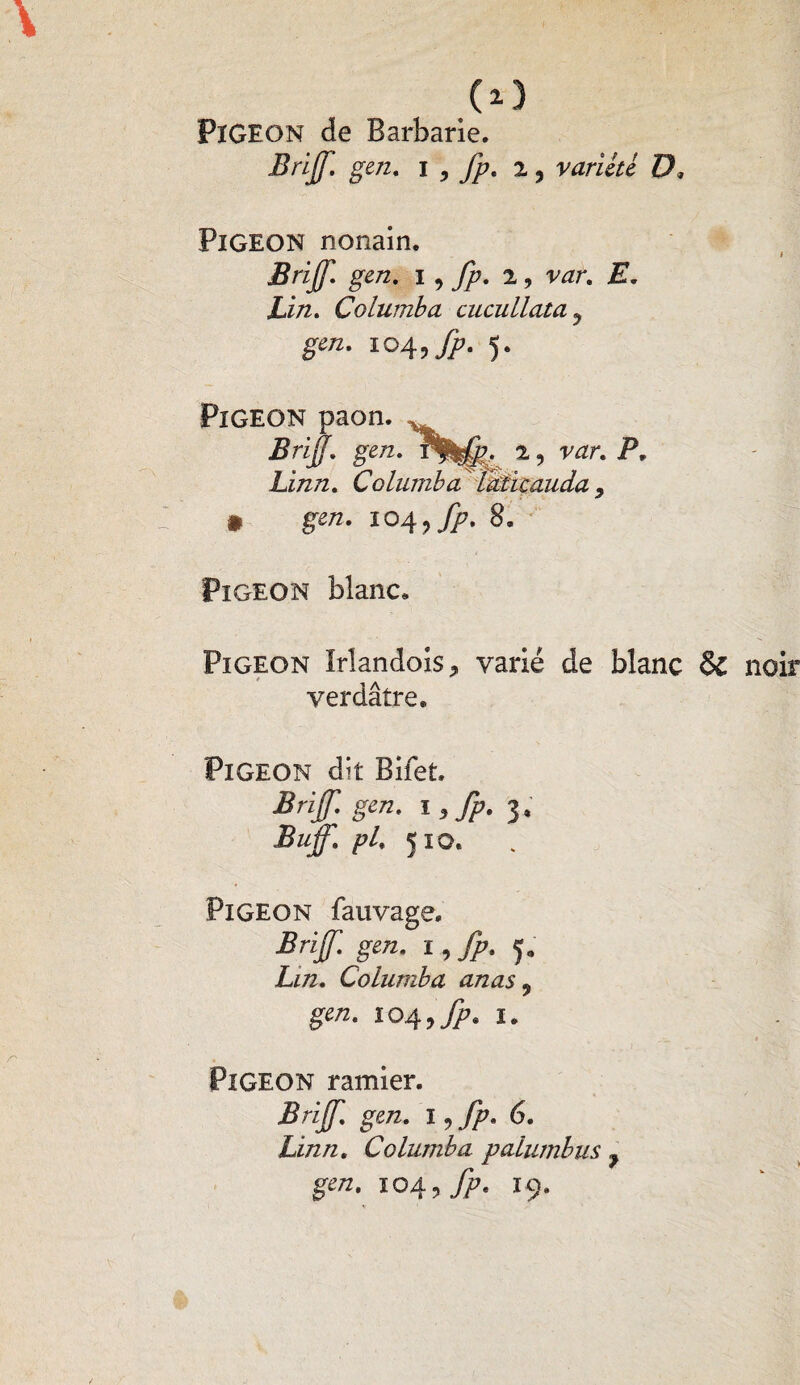 03 PlGEON de Barbarie. jBrijf. gen. i , Jp. 2, variai D» Pigeon nonain. Briff,! gen. 1 •> fp. 2, X. Xi/2. Columba cucuLlata? §»*• 104)^- 5* Pigeon paon. Brijf. gen. 2, r^r. P. Xi/z/2. Columba IMicauda 9 * ge/2. 104,//?. 8. Pigeon blanc* Pigeon Irlandois, varié de blanc & verdâtre. Pigeon dit Bifet. Brijf. gen. I , fp. 3, Bùjf. pl. 510. Pigeon fauvage. Brijf. gen. 1, fp. 5, Lin. Columba anas 9 gen. iQ4,Jp* 1. Pigeon ramier. Brijf. gen. l^fp. 6. Linn. Columba palumbus 7 gen. 104 ,fp. 19.