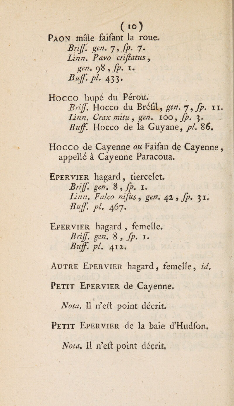 Paon mâle faifant la roue, Brijf. gen. j,fp. 7. Linn. Pavo crijlatiis , gen. $%9fp. I. Buff. pi. 433. Hocco hupé du Pérou, Brijf. Hocco du Brélil, gen. J9fp. iï. Linn. Crax mitu , gen. lOQ^fp. 3. Buff. Hocco de la Guyane, pi. 86. Hocco de Cayenne ou Faifan de Cayenne, appelle à Cayenne Paracoua. Epervier hagard, tiercelet, Brijf. gen. 8 , jp. 1. Linn. Falco nijus, gen. 42 , fp. 31. Buff. pl. 467. Epervier hagard, femelle, Brijf. gen. 8 , fp. I. Buff. pl. 412, Autre Epervier hagard, femelle, id. Petit Epervier de Cayenne. Nota. Il n’eif point décrit. Petit Epervier de la baie d’Hudfon. Nota, 11 n’eft point décrit