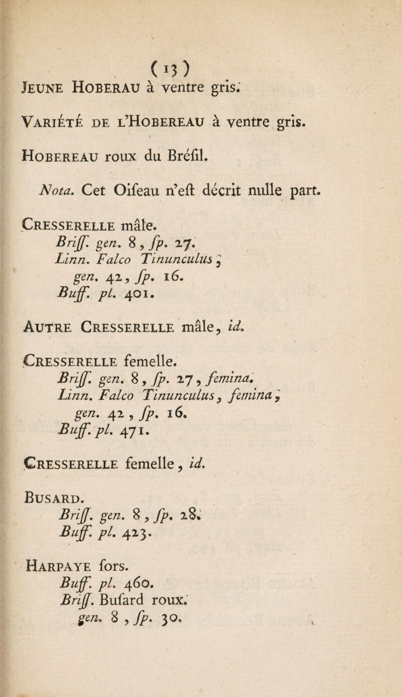 ( J3 ) Jeune Hoberau à ventre gris* Variété de l’Hobereau à ventre gris. Hobereau roux du Bréfil. Nota. Cet Oifeau n’eft décrit nulle part. Cresserelle mâle. Briff. gen. 8 , fp. 27. Linn. Falco Tinuncuhls, gen. 42, fp. 16. Buff. pt. 401. Autre Cresserelle mâle, id. Cresserelle femelle. Briff. gen. 8 , fp. 27 , femina. Linn. Falco Tinunculus, femina 9 gen. 42 , fp. 16. Buff. pl. 471. Cresserelle femelle, id. Busard. Briff. gen. 8 , fp. 28. Buff. pl. 423. Harpaye fors. Buff. pl. 460. BnJJ. Bufard roux. gen. 8 , fp. 30.