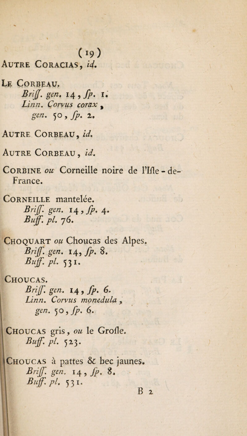 (*9) Autre Coracias, id. Le Corbeau. BriJJ’. gen. 14 , fp. I. Linn. Corvus corax % gen. 50 9 fp. 2. Autre Corbeau, id. Autre Corbeau , id. Corbine ou Corneille noire de Pille - France. Corneille mantelée. Brijf. gen. 14, fp. 4. Bujf. pi. 76. Choquart ou Choucas des Alpes. Brijf. gen. 14, fp. 8. Bujf. pi. 531. Choucas. BriJJ'. gen. 14 , fp. 6. LinTi. Corvus monedula , gen. 50, fp. 6. I * Choucas gris, ou le Grofle. Bujf. pl. 523. Choucas à pattes & bec jaunes. Brijf. gen. 14, fp. 8. Bujf. pl. 531. B 2