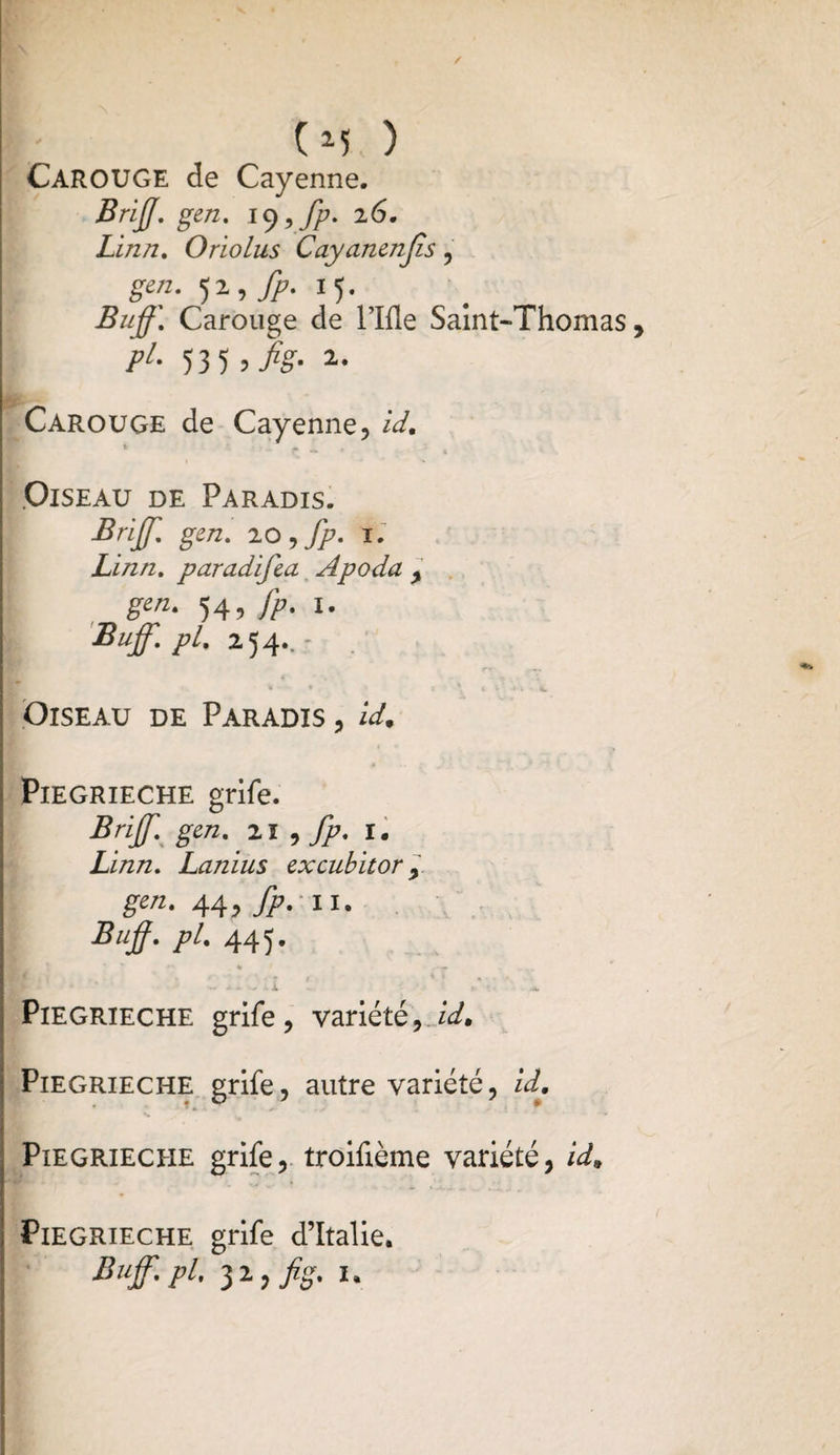 05 ) CâROUGE de Cayenne. B ri JJ. gen. 19 ,fp. 26. Linn. Oriolus Cayanenjis , gm. jz, fp. 15. Bujf\ Carouge de Plfle Saint-Thomas P1* 53 5 2- Carouge de Cayenne, /V. Oiseau de Paradis. BriJJ. gen. zo, fp. 1. Linn. paradifea Apoda , ge/z. 54, fp. x. Buff.pl. 254..- **•*„« e * c ** V.» **. Oiseau de Paradis , PlEGRIECHE grife. BriJJ. gen. 21 , I. Linn. Lanius excubitor ÿ gen. 44, fp. il. Bujf. pl. 445. *' • . . w A* J'.i • -A. PlEGRIECHE grife, variété, zW, Piegrieche grife, autre variété, id. Piegrieche grife, troifxème variété, id, Piegrieche grife d’Italie. Buff.pl. 32 ,fig. 1.