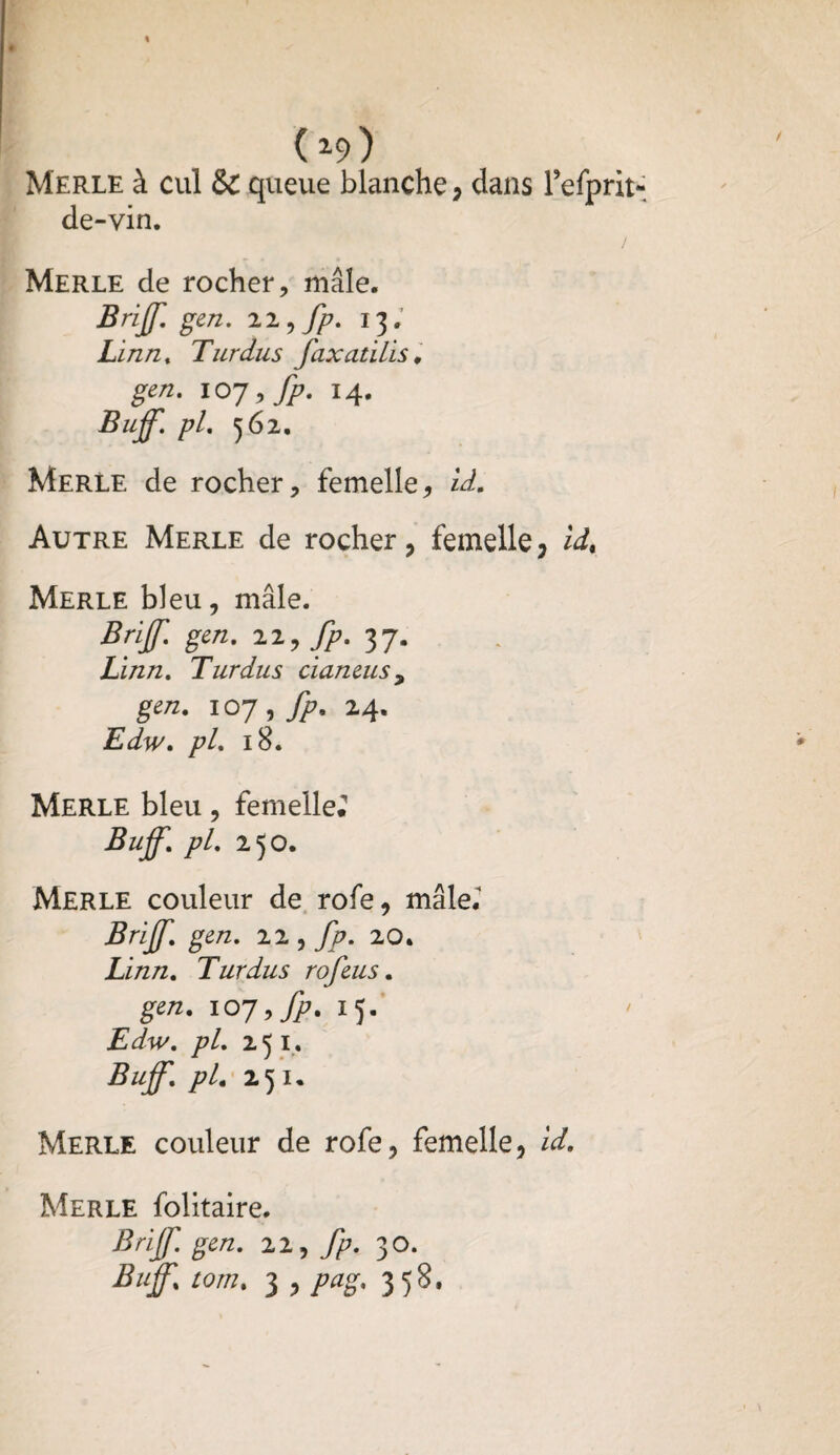 / (*9) Merle à cul & queue blanche, dans refprit* de-vin. Merle de rocher, mâle. Brijf. gen. 22, fp. 13. Linn% Turdus faxatilis. gen. 107, fp. 14. Buff. pl. 562. Merle de rocher, femelle, id. Autre Merle de rocher, femelle, Merle bleu, mâle. Brijf. gen. 22, fp. 37. Linn. Turdus cianeusy gen. 107, fp. 24. /?/. 18. Merle bleu, femelle, Buff. pl. 250. Merle couleur de rofe, mâle.* Brijf. gen. 22 , fp. 20. Linn. Turdus rofeus. 107 ,fp. 15. i&fo'. /?/. 2 51, Buff. pL 251. Merle couleur de rofe, femelle, id. Merle folitaire. Brijf. gen. 22, fp. 30.