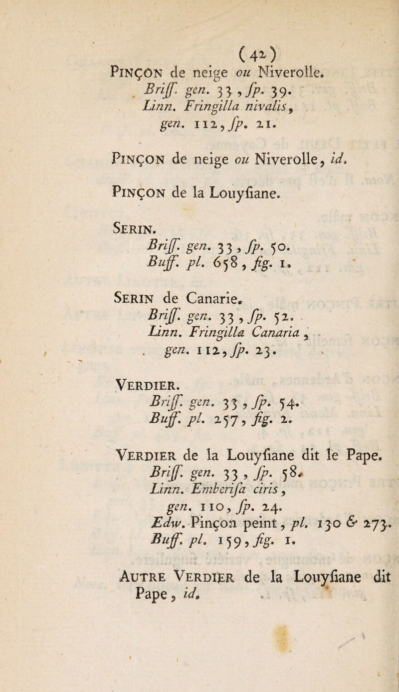 uo Pinçon de neige ou Niverolle. Brif gen. 3 3 ,fp. 39. Linn. Fringilla nivalïs 9 gen. 112 9 fp* 21. Pinçon de neige ou Niverolle ? id» Pinçon de la Louyfiane» Serin. Brif. gen. 33 , fp. 50. Buff. pl. 658 , fig. I. Serin de Canarie. Brif. £«»; 33 > fp- î1: Linn. Fringilla Canaria % 112.,fp. 23. Verdier. Brif. gen. 35 , fp. 54. Buff. P1- 2 57, fig. 2. Verdier de la Louylîane dit le Pape, Brif gen. 3 3 , fp. 58, Linn. Emberifa ciris, g£/z. 110, fp. 24» isdWPmçoîi peint, /?/. 130 6* 273. Buff.pl. 159 ,/#. 1. ' » * v ^ \ * Autre Verdier de la Louyfiane dit Pape, id.