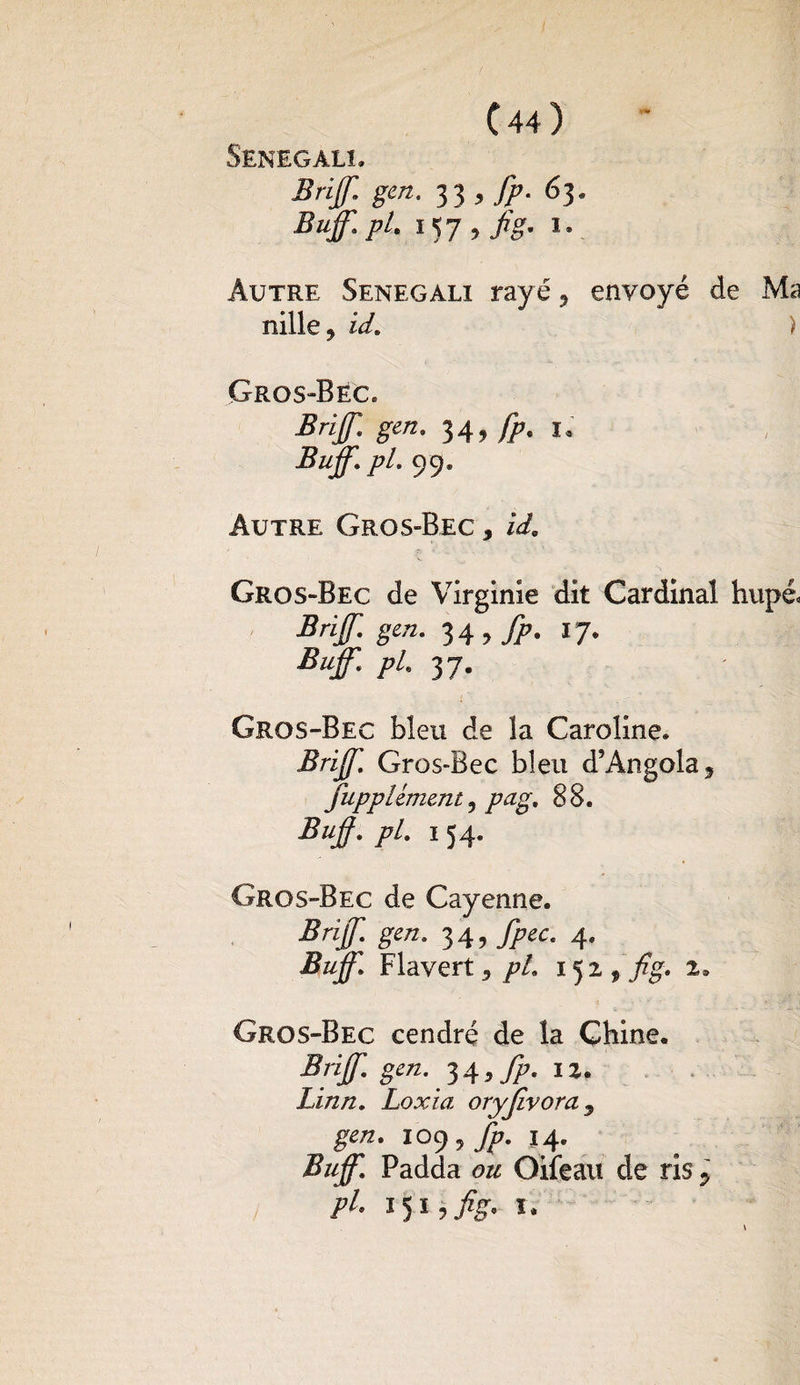 SENEGAL!. Briff. gen. 33 9 fp. 63. Buff.pl. 15J9fig. 1- Autre Senegali rayé, envoyé de Ma nille* id. ) Gros-Bec. Briff. gen. 34, 1. Buff. pL 99. Autre Gros-Bec , /</. Gros-Bec de Virginie dit Cardinal hupé. Briff. gen. 34, fp. 17. Buff. pl. 37. Gros-Bec bleu de la Caroline. Briff. Gros-Bec bleu d’Angola, fupplêment 5 pag. 88. Buff. pl. 154. Gros-Bec de Cayenne. Brijf. gen. 3 4, fpec. 4. Buff. Flavert, pl. 152, fig. 2» Gros-Bec cendré de la Chine. Briff. gen. 3 4, fp. 12. Linn. Loxia oryjivora 9 gen. 109, fp. 14. Buff. Padda r>« Oiieau de ris, pl- 1515 /éT- 1.