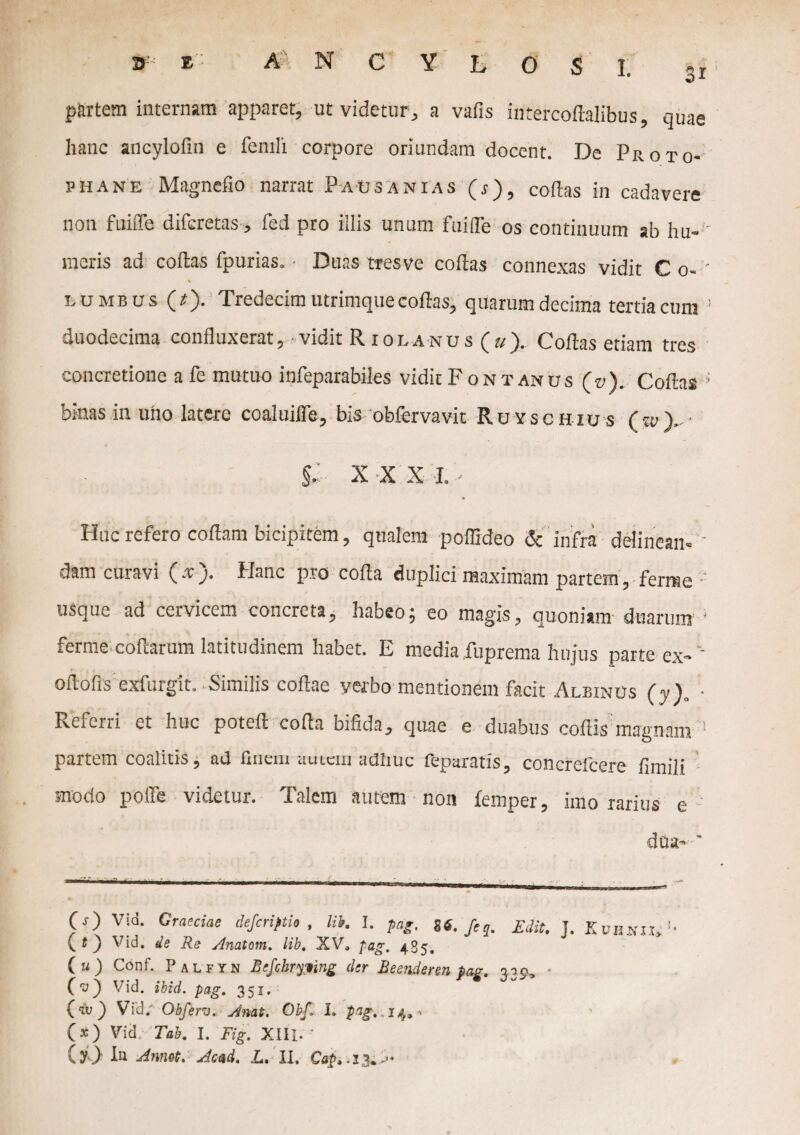 partem internam apparet, ut videtur, a vafis iutercoilalibus, quae hanc ancylofin e fenili corpore oriundam docent. De Proto- phane Magncfio narrat Pausanias (r), collas in cadavere non fuLTe difcretas-, fed pro illis unum fuifle os continuum ab hu- meris ad collas fpurias. • Duas tres ve collas connexas vidit C o- ' lumbus (z)- Tredecim utrimque collas, quarum decima tertia cum ! duodecima confluxerat, vidit Riolanus (u). Collas etiam tres concretione a fe mutuo infeparabiles viditFoNTANus (v). Collas » btnas in uno latere coaluifle, bis obfervavit Ruyschius (zv ). - §. XXXI.' Huc refero collam bicipitem, qualem polfldeo <5c infra delineam - dam curavi (.v). Hanc pro colla duplici maximam partem, ferree •’ usque ad cervicem concreta, habeo^ eo magis, quoniam duarum * ferme.collarum latitudinem habet. E media fuprema hujus parte ex» oltofis exfurgit. Similis collae verbo mentionem facit Albinus (y\ ■ Refcrii et huc potell coda bifida, quae e duabus collis magnam ! partem coalitis, ad finem autem adduc feparatis, concrefcere fimili modo polfe videtur. Talem autem non fernper, imo rarius e diia» ' (O Vid. Graeciae dejeratio, iit. I. fttg. U. feq. Edit. J. KuHNJI, ( t) Vid. de Re Anatem. lib. XV, pag. 4S5. (w) Conf. Palfyn ficfchryving der Beendenn pag. 309, (v) Vid. ibid. pag. 351. (w) Vfd/ Obferv. Anat. 0bf, 1. pag. 14, O) Vid Tab. I. Fig. XIII. *