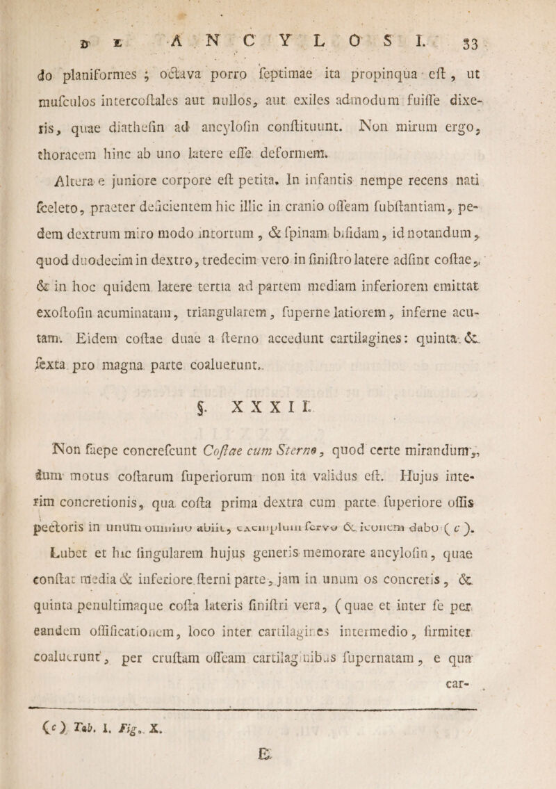 . t i do planiformes ; octava porro feptimae ita propinqua cd , ut mufculos intercoflales aut nullos* aut exiles admodum fuide dixe¬ ris, quae diathedn ad ancylofm condituunt. Non mirum ergo? thoracem hinc ab uno latere efte deformem* Altera e juniore corpore ed petita, ln infantis nempe recens nati fceleto, praeter deficientem hic illic in cranio offeam fubdantiam, pe- dem dextrum miro modo intortum , & fpinam bifidam , id notandum, quod duodecim in dextro, tredecim vero in finidro latere adfmt codae,, &: in hoc quidem latere tertia ad partem mediam inferiorem emittat exodofin acuminatam, triangularem, fuperne latiorem, inferne acu¬ tam. Eidem collae duae a demo accedunt cartilagines: quinta. iexta pro magna parte coaluerunt,. t §. xxxi i: Non faepe concrefcunt Coflae cum Sterne, quod certe mirandum,, tum* motus codarum fuperiorum non ita validus ed. Hujus inte- nm concretionis, qua coda prima dextra cum parte fuperiore offis i pecdoris in unum omuluu abiit , tAciiipluui fervo 6c iconem dabo Q c j). Lubet et hic lingularem hujus generis memorare ancylofm, quae condat media & inferiore.derni parte , jam in unum os concretis , quinta penultimaque coda lateris finidri vera, (quae et inter fe per eandem offificatioiiem, loco inter cartilagines intermedio, firmiter coaluerunt, per crudam offeam cartiiag nibv»s fupernatam, e qua car- Cc) I. Figo. x. E