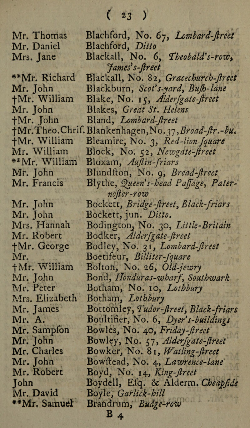 Mr. Thomas Mr. Daniel Mrs. Jane **Mi\ Richard Mr. John fMr. William Mr. John fMr. John '•Mr.Theo.Chrif. j-Mr. William Mr. William **Mr. William Mr. John Mr. Francis Mr. John Mr. John Mrs. Hannah Mr. Robert fMr. George Mr. I Mr. William Mr. John Mr. Peter Mrs. Elizabeth Mr. James Mr. A. Mr. Sampfon Mr. John Mr, Charles Mr. John Mr. Robert John Mr. David **Mr, Samuel: Blachford, No. 67, Lombard-Jlreet Blachford, Ditto Blackall, No. 6, Theobald's-row^ James*s-Jlreet Blackall, No. 82, Gracechurch-Jlreet Blackburn, Scot's-yard, Bujh-lane Blake, No. 15, AlderJgate-Jlreet Blakes, Great St. Helens Bland, Lombard-Jlreet Blankenhagen,No. yj yBroad-Jtr.-bu* Bleamire, No. 3, Red-lion Jquare Block, No. 52, Newgate-Jlreet Bloxam, Auftin-friars Blundfton, No. 9, Bread-ftreet Blythe, Queen's-head Pajfage, Pater- nojier-row Bockett, Bridge-Jlreet, Black-friars Bockett, jun. Ditto. Bodington^ No. 30, Lit tie-Britain Bodker, AlderJgate-Jlreet Bodley, No. 31, Lombard-Jlreet Boetifeur, Billiter-Jquare Bolton, No. 26, Old-jewry Bond, Honduras-wharf Southwark Botham, No. 10, Lothbury Botham, Lothbury Bottomley, Tudor-Jlreet, Black-friars Boultifier, No. 6, Dyer s-buildings Bowles, No. 40, Friday-ftreet Bowley, No. 57, AlderJgate-Jlreet Bowker, No. 81, JVatling-Jlreet Bowftead, No. 4, Lawrence-lane Boyd, No. 14, King-Jlreet Boydell, Efq. & Alderm. Cheapfidc Boyle, Gar lick-hill Bran drum. Budge-row b4