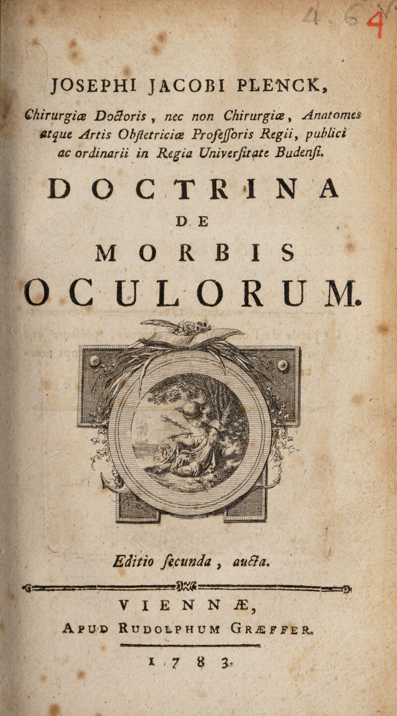 JOSEPHI JACOBI PLENCK, Chirurgice Docloris , nec non Chirurgice, Anatomes atque Artis Obftetricice Profejforis Regii, publici ac ordinarii in Regia Univerjitate Budenji. D O C T R I NA D, E MORBIS O C ULORDE Editio fecunda 9 auSia. «g.-^r.TT.ag.-^gBsa-. ^ --.'-IT.. , ,._aggffr V I E N N JE, Apud Rudolphum Gr^ffer» * . 7 8 ^ -*5J