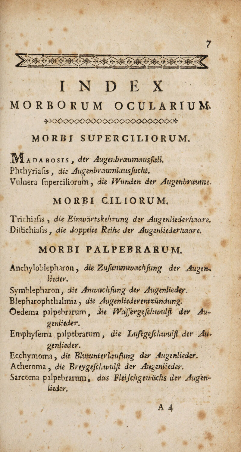 INDEX MORBORUM OCULARIUM. V* X.-'v'\^ V VV \/* S.^ **./• V\ArV ^ \>r'^ MORBI SUPERCILIORUM. Madahosis , der AugenbraumausfalL Phthyriafis, die Augenbraumlausfuckt. Vulnera fuperciliorum, die VVunden der Augenbraume. MORBI CILIORUM* Trichiafis , die Eimvcirtskehrunz der Augenliederbaar e. Diilichiafis, die doppelte Reihe der Augenliederhaar e. MORBI PALPEBRARUM. Anchyloblepharon, die Zufammwachfung der Augen« lieder. Symblepharon, die Amvachfung der Augenlieder. Blepharophthalmia, die Augenlieder entziindung. Oedema palpebrarum, die fVajfergefchwulft der Au* genliecUr. Emphyfema palpebrarum, die Luftgefchzvulft der Au> genlieder. Ecchymoma, die Blutunterlaufung der Augenlieder. Atheroma, die Brtygtjdnviilfi der Augenlieder. Sarcoma palpebrarum, das Fleifchgeztrichs der Augeri* Idedere A