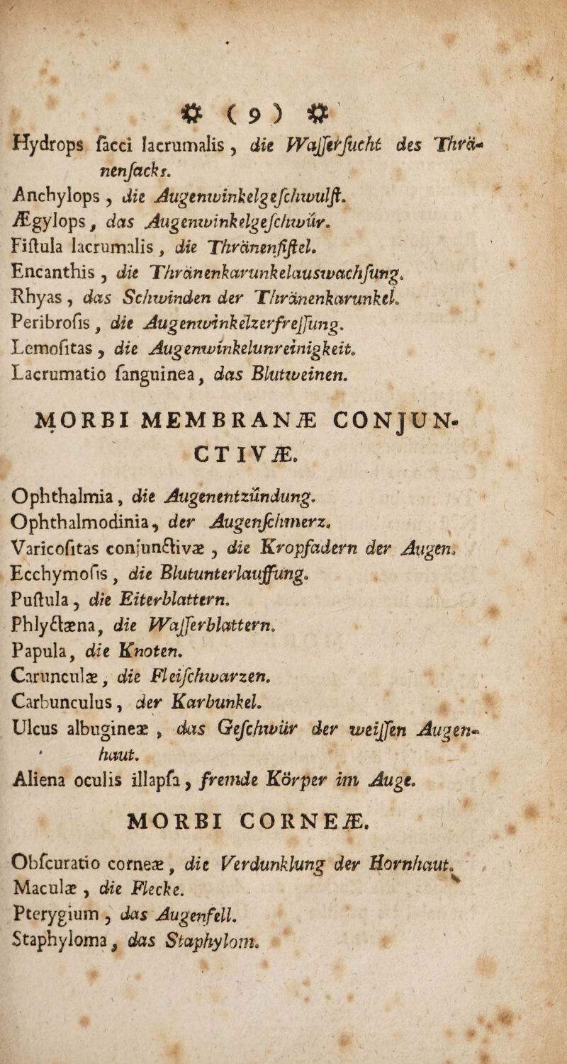 Hydrops facci lacrumalis, die Wajjirfueht des Thra« nenjacks. Anchylops y die Augenwinfolgefchwulfi. /Egylops, das AugemoinkdgeJcfitvur. Fiftula lacrumalis, die Thranmfiflzl. Encanthis , die Thrcinenkarunkelauswctchfung4 Rhyas, das Schwinden der ThrtinenkcminkeL Peribrofis , die AugentiAnkelzerfrejJiing. Lemofitas , die Augenwinkelunreinigkeito Lacrumatio fanguinea, das Blutweinen. MORBI MEMBRANiE CONJUN- CT IVJE. Ophthalmia, die Augenentzundung. Ophthalmodinia, der Augenjclimerz, Varieofitas confun&ivae 5 die Kropfadern der Augen0 Ecchymofis , die Blutunterlauffang. Puftula 5 d/‘e Eiterblattern. Phly&aena, die fVajferblattern. Papula, die Knoten. Carunculae, die Fleifchzvarzen. Carbunculus, der Karbunkel. Ulcus albugineae , das Gejcfiwiir der weijjen Augen« * /iaw£. Aliena oculis illapfa, fremde Korper im Auge* MORBI CORNEAE. Obfcuratio corneae, die Verdunklung der Uornhaut, Maculae , die Fleclze. Pterygium , das Augenfell. Staphyloma^ das Staphylom.