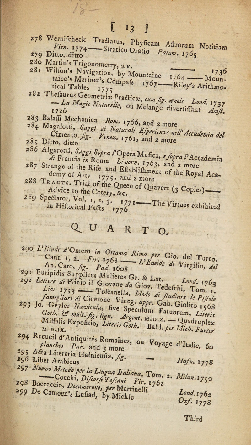 I [ '3 ] 278 WerniTcheck Tra^lntnc pu r 1774.^-Stratic’o Oratio^”/>a, Notitlara 279 Ditto, ditto ra/av, 1765 280 Martin’s Trigonometry, 2 V 281 Wilfon-a Navigation, by Mountaine 7Z~' tame s Mariner’s ConmA ^ Moun- tical Tables ,7,5^ '^^7-Riley’s Arithme- 282 Thefaurus Geometric Prat^ir-*. ^ -I. o. M=#'S i;-'™ Ciinento,/a. ^ -^ccademta M *8; Ditto, ditto ^ ““'■e »86 Algarotti, Stiggi Sopra /’Opera Mufica, e fotra I'krr^A ■ .87 'strti;rthfR'inndEr^^^^^ AdWce to hi Cotty,^:. Copies)—, ^iifniftorlcal Fafts ^‘177'^’-“Whited 0. u A R T O. 290 ^’^We </'Omero ,•» Oz/azra Rima ter Pi 4 1 -r. Cant. I, 2. Ft>. 1768 ___ I’v T^urco, An. Caro, Pal. ^ Jel 291 Euripidis Suppiices Mulieres Gr &r„ 29a Lee,ere Piinip il Giovane^^it T^efchi T 1753 --Tofcanella, Mode dJ /I- J°’°- '• fam.gliari di Cicerone VineV Jl 7e PiJloU ““ <’2' ia ,irS?:s 294 Recueil d’Antiquites Romaines, ou Voyage d’fr r a 20 r 3 more ^ ^ a Jtahe, 60 ^^5 f.*^®C,terariaHafnienfia,7fg. _ 296 Liber Arabicus lyyS 297 Nuo<vo Metodo per la Lingua haliana, Tom 2 1/7 298 Eo'^cb'S’^'^*-'750 ccdccio, Decamerone. ter Martino^ir *99 De Camoen’s Lufiad, by Mick,e ' ‘762 Oxf. 1778 'Third