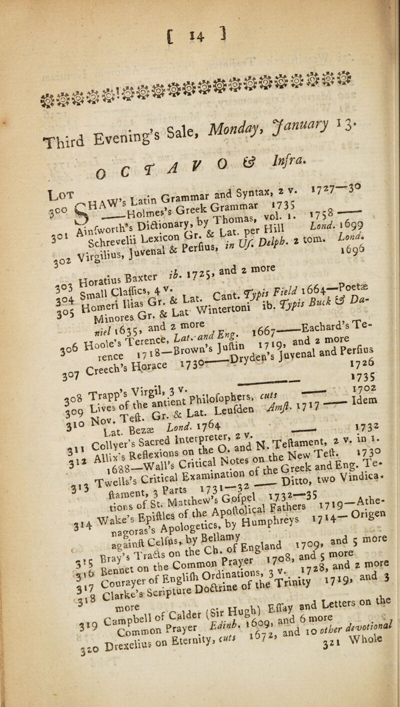 13' Third Evening’s Sale. Q C ‘T A V 0 (3? e-haw. n.™ '”r‘° „, ^nfworth’s per Hill '^99 3°‘ * Schreeelli if, Uf. DM- * ' Horatius Baxter M. .7^5.a more Small Claifics, 4'* C2.vit Typis FieU r41;:...'. »»■ °i w. «..<»»- ^ ^ Minores Gr. & i^ac «e/t635. Eng. 1667--EachardsTe- , 14-.ole’s Terence, f J- .^ig, and 2 more 3°^ ^Tence . 7'den’s Juvenal and Perfius 307 Creech’s Hprace .739—^ry ,,,5 308 4rapp’s''^■g'f.lf'pyiofopbers, 309 L--°i Lat. Leufden 4»/.t7>7- 3‘°^LaJBeaae Lond. -- ,, Collyer’s Sacred Interpreter, a • ^ ,j,g^^„ent, 2 v. in 1. aiEv's Reflexions on the O. tVipNewTed, .73° ^^.SgsLwall’s Critical Notes on the N Twells’s Critical E’tt'tmnauon o^l^e C agamftCelfnSs by BHlamy^^^^^^^ ,709. and 5 “tote ,5 Bray’s TtaSs °n t er^ ,^„8. and | more IX Bennet on the Comm ,0 and 3 more .. Effay and Letters on t e 5*9 ‘^comt’on Prayer' BJi»i'. ‘ff^^nd^T/Xr 3ao Drexelius on Eternity, <»t« «67 > jai Whole cuts 1735 1702 Idem 1732