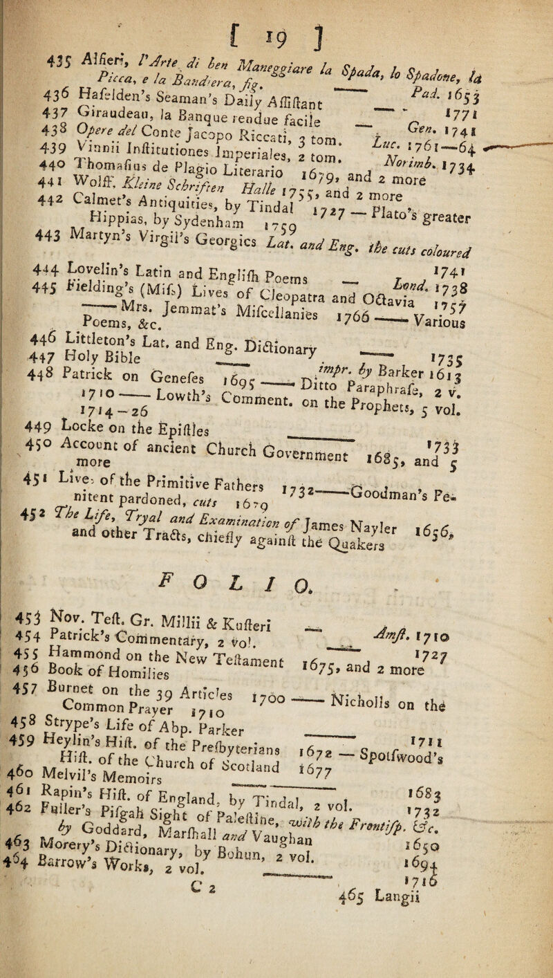 435 ^ J^rie heti Maneggiare la Sbada A Va v / Picca, b la Ba«d^era, fy. ^ ^ 436 HafJden’s Seaman’s Daily Affiftant ' ' P^^- >6^^ 437 la Banqne reodue facile V, ‘771 43S Conte Jacopo Riccati a tnm /■ '741 439 Inflitutiones Imperiales,’ 2 tom* de Piagio Literario ,6°^ and 5 *734- 441 Woift, s.hrlften Halle .7 ' 'and ^ 442 Antiquities, by Tindal nti ^ Hippias, by Sydenham j 7rQ ^ ^ ® greater 443 Martyn’s Virgil’s Georgies Lai and Eh, ,f> Cl i>ng, the cuts coloured 444 b'”;®!'’'’ Latin and Englifl, Poems __ r a 445 ^.eld,ng^ (Mif) Lives^f Cleopatra and OaaWa b''* — Mr^.Jemmafs Mifcellanies „66 — yJilil W Hof bTJL'*'*'* j 448 Patrick on Genefes ,695 _ .;,0:_Lowth’s Comment, on the Prop^j voD 449 Locke on the Epikles 4,» to.., 0, a.,d „■’» 451 Live, of the Primitive Fathers i,,,_r t , „ mtent pardoned, rw, .679 -Goodman’s Pe- 451 Th‘ Life Tryal and Examination of Tames Navle. ^ .r and other TraSs, cnieUy again{/hT^H POLIO. 45^ Nov.Teft Gr.Millii&KulIeri 454 Patrick s Coiiimentdry, 2 Vo’ Irrt o Teflament 45b Book of Homilies 457 Burnet on the 39 Articles 1700 Common Prayer 1710 458 Strype’s Life of A bp. Lker ^ Prefbyterians 4t6o Church of Scotland 400 Melvil’s Memoirs Amji» fyro 1727 loy^j, and 2 more ■ Nicholis on th^ 7 ~ '7II 1672 — Spolfvyood's 1677 ' /■ “ ‘».*V-1J1W1I 5 ___ 46a Fniler’s Pi%ah srgh1o7pa%«he ?'V 463 Mo^er^s- i6?o t4 fiarro^*; Wolrr/vo^ ‘ % 46sLan’7^