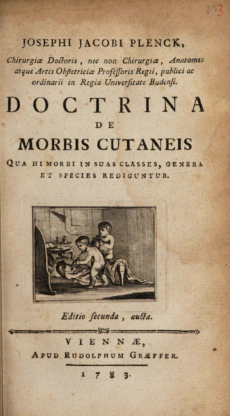 JOSEPHI JACOBI PLENCK» Chirurgice Docloris , nec non Chirurgice, Anatomcs atque Artis Obftetricice ProfeJJoris Regzi, publici ac ordinarii in Regia Univerfitate Budenfi. DOCTRINA D E MOKBIS CUTANEIS Qua hi morbi in suas classes, genera ET SPECIES REDIGUNTUR. Editio fecunda , auSla. V I E N N iE, Apud Rudolphum Graffer.