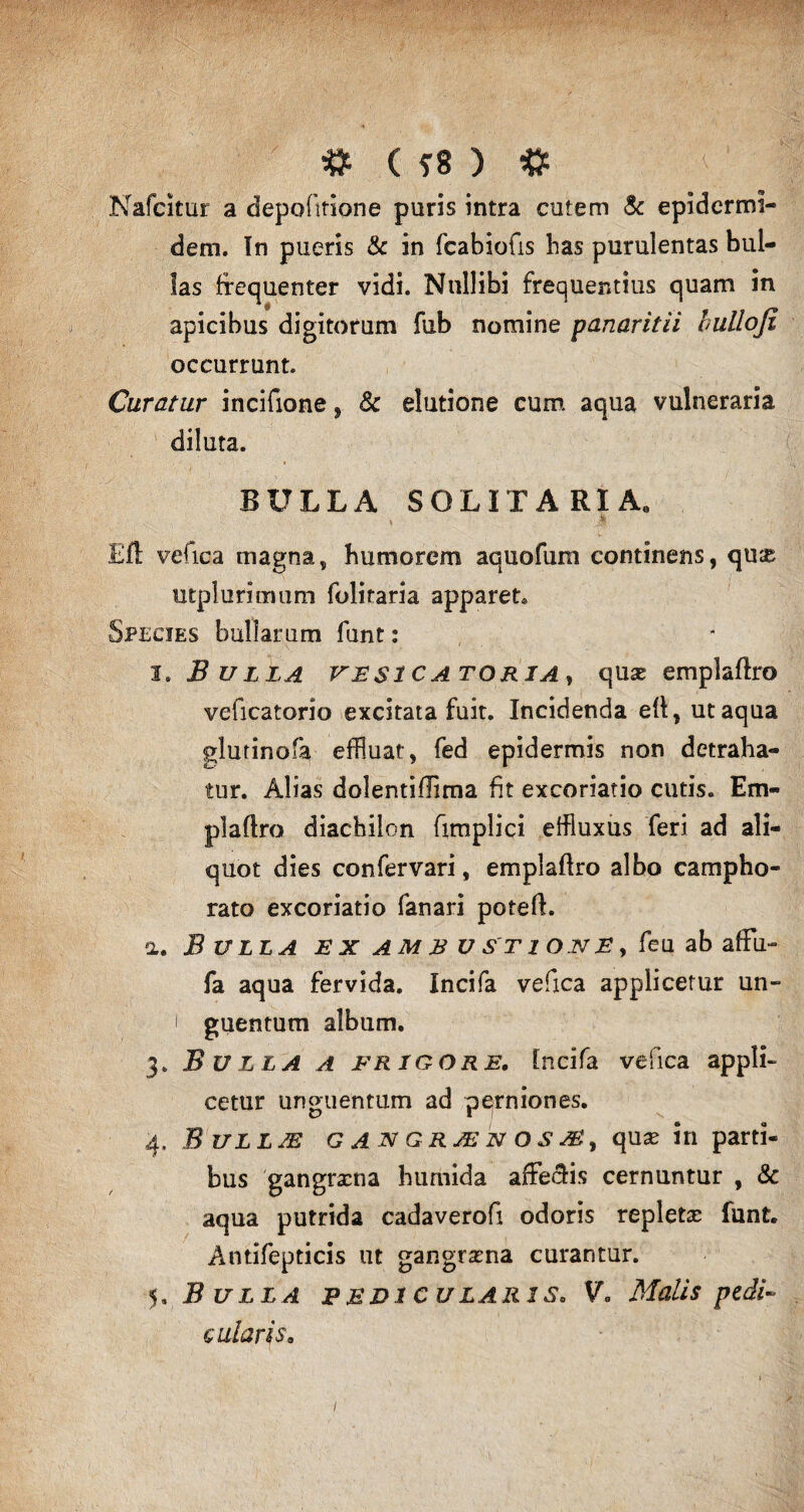 / Nafcitur a depolitione puris intra cutem & epidermi¬ dem. In pueris & in fcabiofis has purulentas bul¬ las frequenter vidi. Nullibi frequentius quam in apicibus digitorum fub nomine panarilii bullofi occurrunt. Curatur incifione, 8c elutione cum aqua vulneraria diluta. BULLA SOLITARIA,, * j Bfl vefica magna, humorem aquofum continens, qu^; utplurimum folitaria apparet® Species bullarum funt: i. Bulla vesicatoria, quas emplaflro veficatorio excitata fuit. Incidenda efl, ut aqua sdurinofa effluat, fed epidermis non detraha¬ tur. Alias dolentiflima fit excoriatio cutis. Em- plaflro diachilon fimplici effluxus feri ad ali¬ quot dies confervari, emplaftro albo campho- rato excoriatio fanari potefL a. Bulla ex am b u st ion e , feu ab affu- fa aqua fervida. Incifa vefica applicetur un~ i guentum album. 3. Bulla a frigore, Incifa veiica appli- cetur unguentum ad perniones. 4. B ullse gangrjenosa!) quas in parti¬ bus gangrxna humida affe#is cernuntur , & aqua putrida cadaverofi odoris repletse funt. Antifepticis ut gangrena curantur. 5. Bulla pedi cularis, V„ Malis pedi¬ cularis.