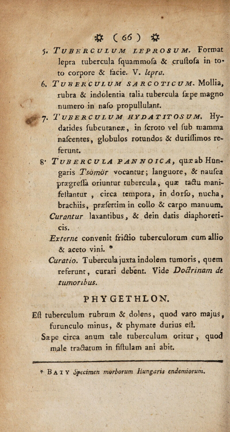 Tuberculum leprosum. Format lepra tubercula fquammofa & cruftofa in to¬ to corpore & facie. V. lepra. Tuberculum sarcoticum* Mollia, rubra & indolentia talia tubercula fscpe magno numero in nafo propullulanf. Tuberculum hydatitosum* Hy- datides fubcutaneas, in fcroto vel fub mamma nafcentes, globulos rotundos & duriflimos re* ferunt. TuB ERCU LA PAN NOICA, qUSC ab Hun- garis Tsomor vocantur; languore, & naufea prasgrefla oriuntur tubercula, quse ta&u mani- fellantur , circa tempora, in dorfo, nucha, brachiis, prsefercim in collo & carpo manuum. Curantur laxantibus, & dein datis diaphoreti¬ cis. Externe convenit fri&io tuberculorum cum allio & aceto vini. * Curatio. Tubercula juxta indolem tumoris, quem referunt, curari debent. Vide Doctrinam dt tumoribus. PHY GETHLON. Efl tuberculum rubrum & dolens, quod varo majus, furunculo minus, & phymate durius ell. Sstpe circa anum tale tuberculum oritur, quod male tra&atum in fiflulam ani abit. ®5 * Baxv Specimen meriorum hungaris cudendorum.