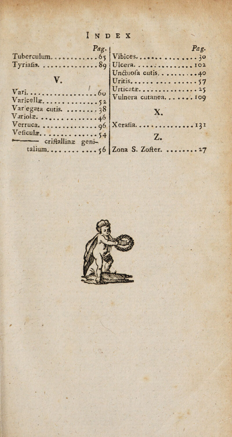 Index Tuberculum. Tyriafis. ... Pag. .65 .89 v. Vari.. Varicella?. Varegata cutis. ... Variola.. Verruca. Veficuls. - criftallin^E talium. 52 3* 46 96 geni- 54 56 \ Pag- Vibices. 30 Ulcera...102 Un&uofa cutis..40 Uritis...57 Urticate......25 Vulnera cutanea. .. .... 109 X. Xeraiia...131 z. Zona S. Zofter. ........ 27 / \