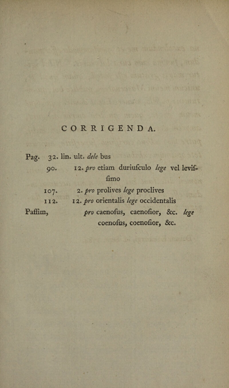 Pag. 32. 90. 107. 112. Paffim, CORRIGENDA. lin. ult. dele bus 12. pro etiam duriufculo lege vel levif- fimo 2. pro prolives lege proclives 12. pro orientalis lege occidentalis pro caenofus, caenofior, &c. lege coenofus, coenofior, &c.