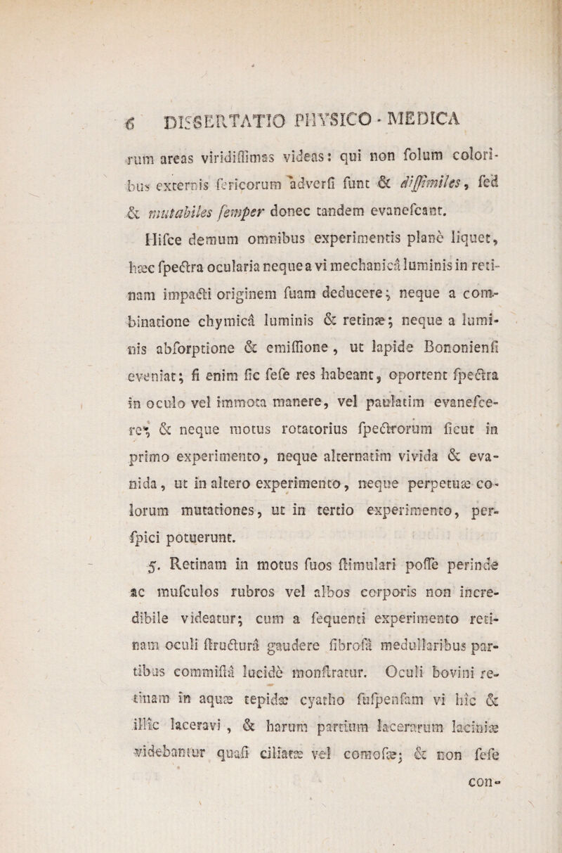 Tum areas viridiffimas videas? qui non folum colori- bus excernis fericorum adverfl fune & diffimiles, fed mutabiles femper donec tandem evanefeant. Hifce demum omnibus experimentis plane liques, litec fpe&ra ocularia neque a vi mechanica luminis in reti¬ nam impagi originem fuam deducere; neque a cora- binadone chymica luminis & retina; neque a lumi¬ nis abforpdone & emiffione , ut lapide Bononfenfl eveniat; fi enim fle fefe res habeant, oportent fpeclra ■in oculo vel immota manere, vel paulae i m evanefee- tq» & neque motus rotacorius fpedkorum fkut in primo experimento, neque alternarim vivida & eva¬ nida, ut In altero experimento, neque perpetuae co¬ lorum mutationes, ut in tertio experimento, per» fpici potuerunt. 5. Retinam in motus fuos famulari pofTe perinde ac mufculos rubros vel albos corporis non incre¬ dibile videatur; cum a fequenti experimento reti¬ nam oculi flru&unt gaudere flbrofa medullaribus par- tib us commi fla. lucide monflratiir. Oculi bovi ni re¬ tinam in aquae tepida: cyatho fufpenfam vi hic & illic laceravi , & harum partium lacerarum laciniae ■videbamur quafi ciliatas vel como (ce: & non fefe con«