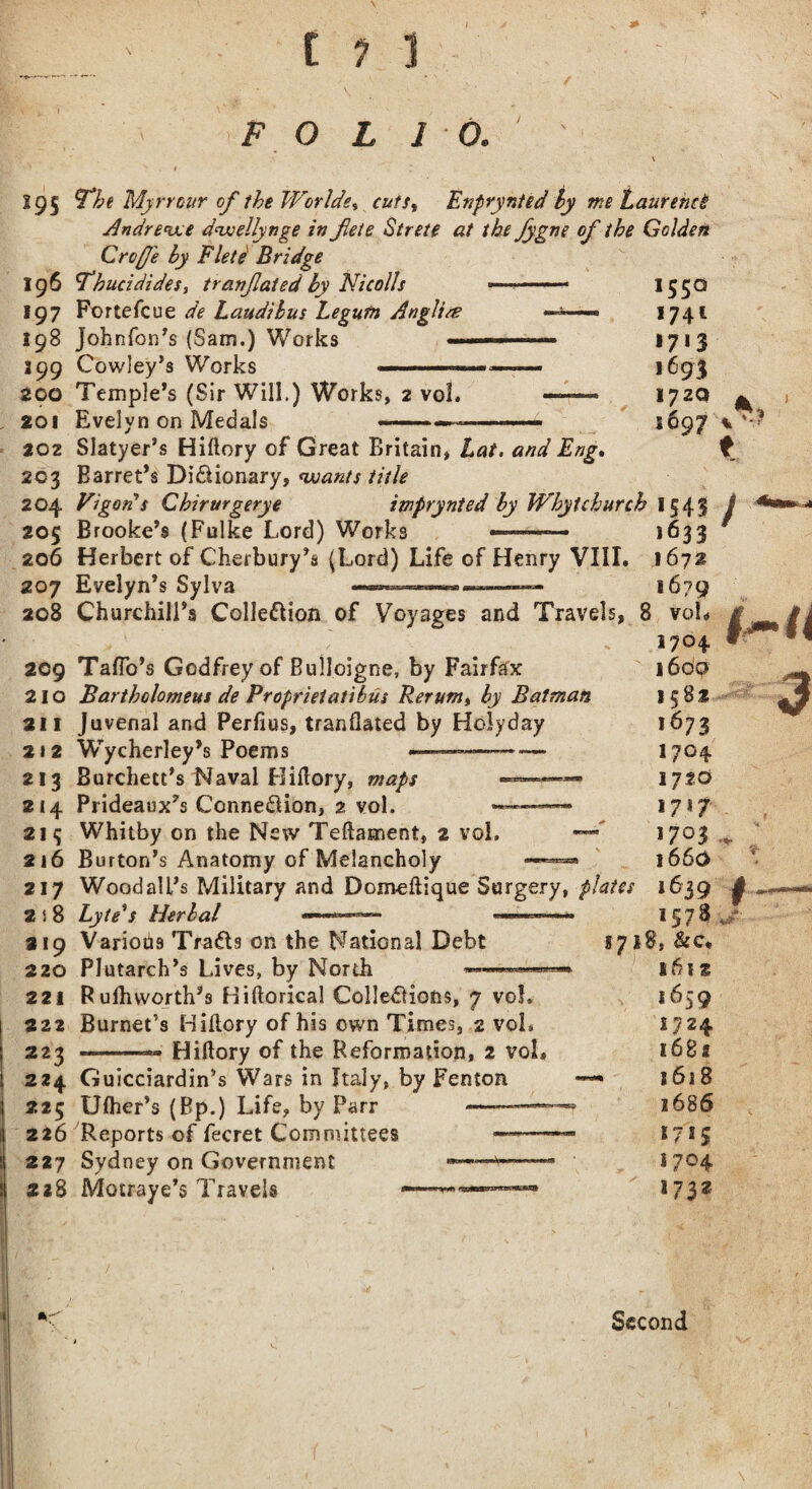 \ C 1 1 Xn F O L 10. 195 ^The Myrrour of the Worlds* cuts, Enprynted by me Laurencg Andrewe dwellynge in Jlete Strete at the fygne of the Golden Crofe by Field Bridge 196 F’hucidides, tranfated by Nicolls 197 Fortefcue de Laudibus Legutn An git re 198 Johnfon’s (Sam.) Works — 3 99 Cowley’s Works 200 Temple’s (Sir Will.) Works, 2 vol, 201 Evelyn on Medals 155Q 1741 1713 1693 17ZQ 3697 202 Slatyer’s Hillory of Great Britain, Lat. and Eng. 203 Barret’s Di&ionary, wants title 204 Vigods Chirurgerye imfrynted by Whytchurch 1543 205 Brooke’s (Fulke Lord) Works -—-■ ■ 1633 J / 206 Herbert of Cherbury’s (Lord) Life of Henry VIII. 1672 207 Evelyn’s Sylva --- 1679 208 Churchill’s Collection of Voyages and Travels, 8 voL 1704 209 Tafib’s Godfrey of Bulloigne, by Fairfax 210 Bartbolomeus de Proprieiatibus Rerum% by Batman 211 Juvenal and Perfius, tranflated by Holyday 212 Wrycherley’s Poems ■ --- 213 Burchett’s Naval Hillory, maps 214 Prideaux7s Connection, 2 vol. 215 Whitby on the New Teftament, 2 vol. 216 Burton’s Anatomy of Melancholy 160a 1582 1673 1704. 1720 *7*7 1703 i66d ■i 217 Woodall’s Military and Domeftique Surgery, plates 1639 | 2 i 8 Lyte*s Herbal 219 Various TraCts on the National Debt 220 Plutarch’s Lives, by North 221 Rulhworth’s Hiftorical Collections, 7 vol. 222 Burnet’s Hillory of his own Times, 2 vol, 223 ——— Hillory of the Reformation, 2 vol. 1578 1718, &c. s6i z 224 Guicciardin’s Wars in Italy, by Fenton 225 Ulher’s (Bp.) Life, by Parr 226 Reports of fecret Committees 227 Sydney on Government 228 Motraye’s Travels 1659 I68S s6j 8 16 86 5 715 1704 173 z Second