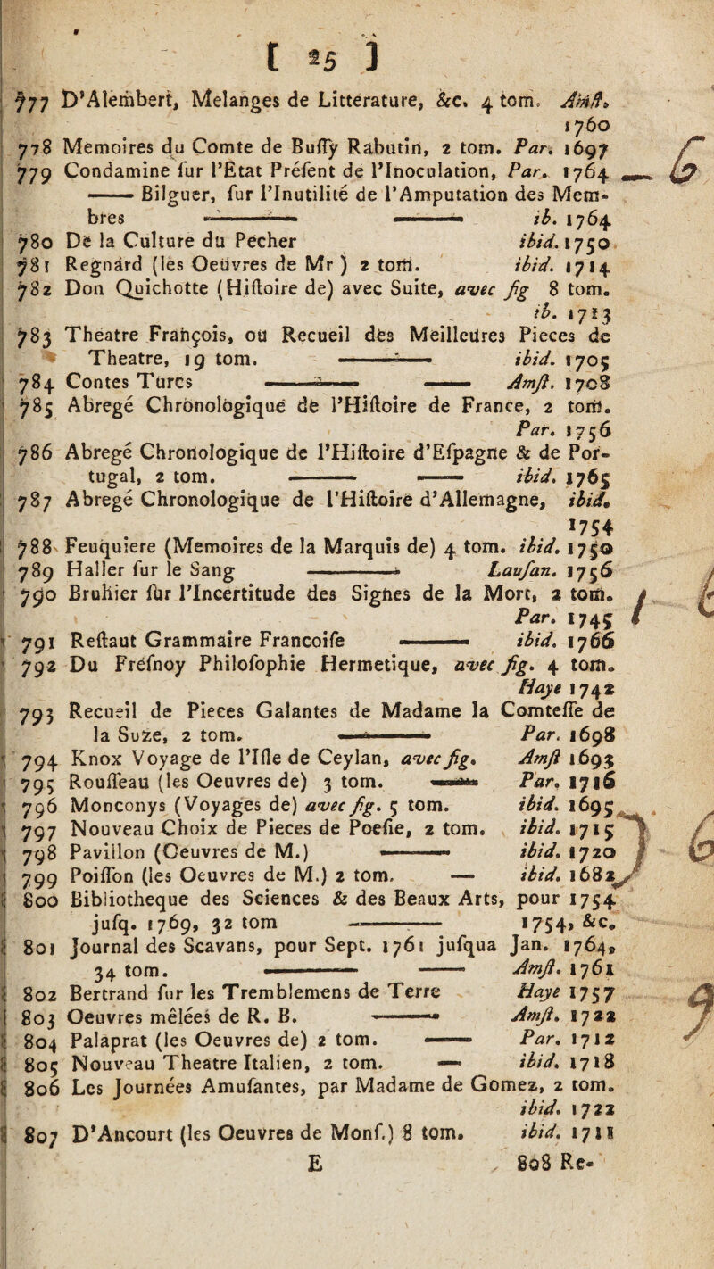 1760 778 Memoires du Comte de Bufly Rabutin, 2 tom. Par. 1697 779 Condamine fur PEtat Prefent de PInoculation, Par. 1764 — Bilguer, fur l’Inutilite de l’Amputation des Mem* bres - — ib. 1764 780 De la Culture du Pecher ibid. 1750 78! Regndrd (les Oeiivres de Mr j 2 torti. ibid. 1714 782 Don Quichotte (Hiftoire de) avec Suite, avec fig 8 tom. >t. 1713 783 Theatre Francois, ou Recueil des Meilleiire3 Pieces de Theatre, 19 tom. -s—— ibid. 1705 784 Contes Turcs - -b—— - ■■■ ■■ Amji. 1708 785 Abrege Chronologique de l’Hiftoire de France, 2 torii. Par. 1756 786 Abrege Chronologique de l’Hiftoire d’Efpagne & de Por¬ tugal, 2 tom. -- — ibid. 1765 787 Abrege Chronologique de PHiftoire d’AHemagne, ibid, f *754 788 Feuquiere (Memoires de la Marquis de) 4 tom. ibid. 1750 789 Haller fur le Sang -- Laufan. 1756 790 Bruhier fUr Plncertitude des Sighes de la More, 2 torii. Par. 1745 791 Reftaut Grammaire Francoife - ibid. 1766 792 Du Frefnoy Philofophie Hermetique, avec fig. 4 tom. tiaye 1742 793 Recueil de Pieces Galantes de Madame la Comtefie de la Suze, 2 tom. ■ ■■ -— 794 Knox Voyage de Rifle de Ceylan, avec fig. 795 RouiTeau (les Oeuvres de) 3 tom. 796 Monconys (Voyages de) avec fig. 5 tom. 797 Nouveau Choix de Pieces de Poefie, 2 tom. 798 Paviilon (Ceuvres de M.) - ■■ 1 799 Poiflon (les Oeuvres de M.) 2 tom. — 800 Bibliotheque des Sciences & des Beaux Arts, jufq. 1769, 32 tom Par. 1698 Arnft 1694 Par. 1716 ibid. 1695 ibid. 1715 ibid. 1720 ibid. 168* pour 1754 1754, &c* 801 Journal des Scavans, pour Sept. 1761 jufqua Jan. 1764, 34 tom. —-- - Amji. 1761 802 Bertrand fur les Tremblemens de Terre Haye 1757 803 Oeuvres melees de R. B. ■ 1 —Amji. 17a* 804 Palaprat (les Oeuvres de) 2 tom. —— Par. 1712 805 Nouveau Theatre Italien, 2 tom. — ibid. 1718 806 Les Journees Amufantes, par Madame de Gomez, 2 tom. ibid. 1722 S07 D’Ancourt (les Oeuvres de Monf.) 8 tom. ibid. 1711 E r 808 Re*