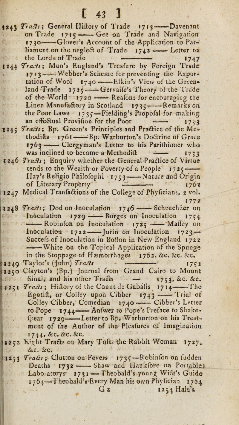 I 1243 Trails; General Hiftory of Trade 171 j-——Davenant on Trade 1715——Gee on Trade and Navigation 1730——Glover’s Account of the Application to Par¬ liament on the negleft of Trade 1742 *— Letter to the Lords of Trade --— *74? 1244 drafts; Mun’s England’s Treafure by Foreign Trade 1713--Webber’s Scheme for preventing the Expor¬ tation of Wool 1740--——Elkin’s View of the Green* land Trade 1725—— Gervaife’s Theory of the Trade of the World 1720 ——> Reafons for encouraging the Linen Manufa&ory in Scotland 1735--Remarks on the Poor Laws 173)—Fielding’s Propofal for making an effectual Provifion for the Poor - *73 3 1245 TraSis't Bp. Green’s Principles and Practice of the Me- thodifts 1761— -— Bp. Warburton’s Do&rine of Grace 1763 ———■ Clergyman’s Letter to his Pariihioner who was incjined to become a Methodift —— 1753 1246 Trails; Enquiry whether the General Pra&ice of Virtue tends to the Wealth or Poverty of a People 1725-——• Hay’s Religio Philofophi 1753-Nature and Origin of Literary Property --— 1762 I 1247 Medical Tranfa&ions of the College of Phyficians, 2 vol. . *772 11248 Trafls; Dod on Inoculation 1746——Scheuchzer on Inoculation 1729-Burges on Inoculation 1754 —-Robinfon on Inoculation *725 —— Mafley on Inoculation 1722——Jurin on Inoculation *723—“ Succefs of Inoculation in Bodon in New England 1722 —White on the Topical Application of the Spunge in the Stoppage of Haemorrhages 1762, &c. See. Sec. :;S249 Taylor’s (John) Tratts « 1 ■- *751 ;i 1230 Clayton’s (Bp.) Journal from Grand Cairo to Mount Sinai, and his other Traces —> *753> &c- &c. ; s 251 Trafis; Hiftory of the Count de Gabalis 1714—•—-The Egotift, or Colley upon Cibber 1743-Trial of Colley Cibber, Comedian 1740-—— Cibber’s Letter to Pope 1744——- Anfwer to Pope’s Preface £0 Shake- , fpear 1729—Letter to Bp. Warburton on his Treat¬ ment of the Author of the Pleafures of Imagination 1744, &c. Sec. &c. 11252 Eight Tracts on Mary Tofts the Rabbit Woman 1727* I , &e. &c. 11253 Tra<3s; Clutton on Fevers 1 735—Robinfon on fudden Deaths *732'-Shaw and Haukfbee on Portable: Laboratory^ 173i —- Theobald’s young Wife’s Guido 1 764—Theobald’s Every Man his own Phyfician 1764 Q 2 ■ 1254 Hale’s,