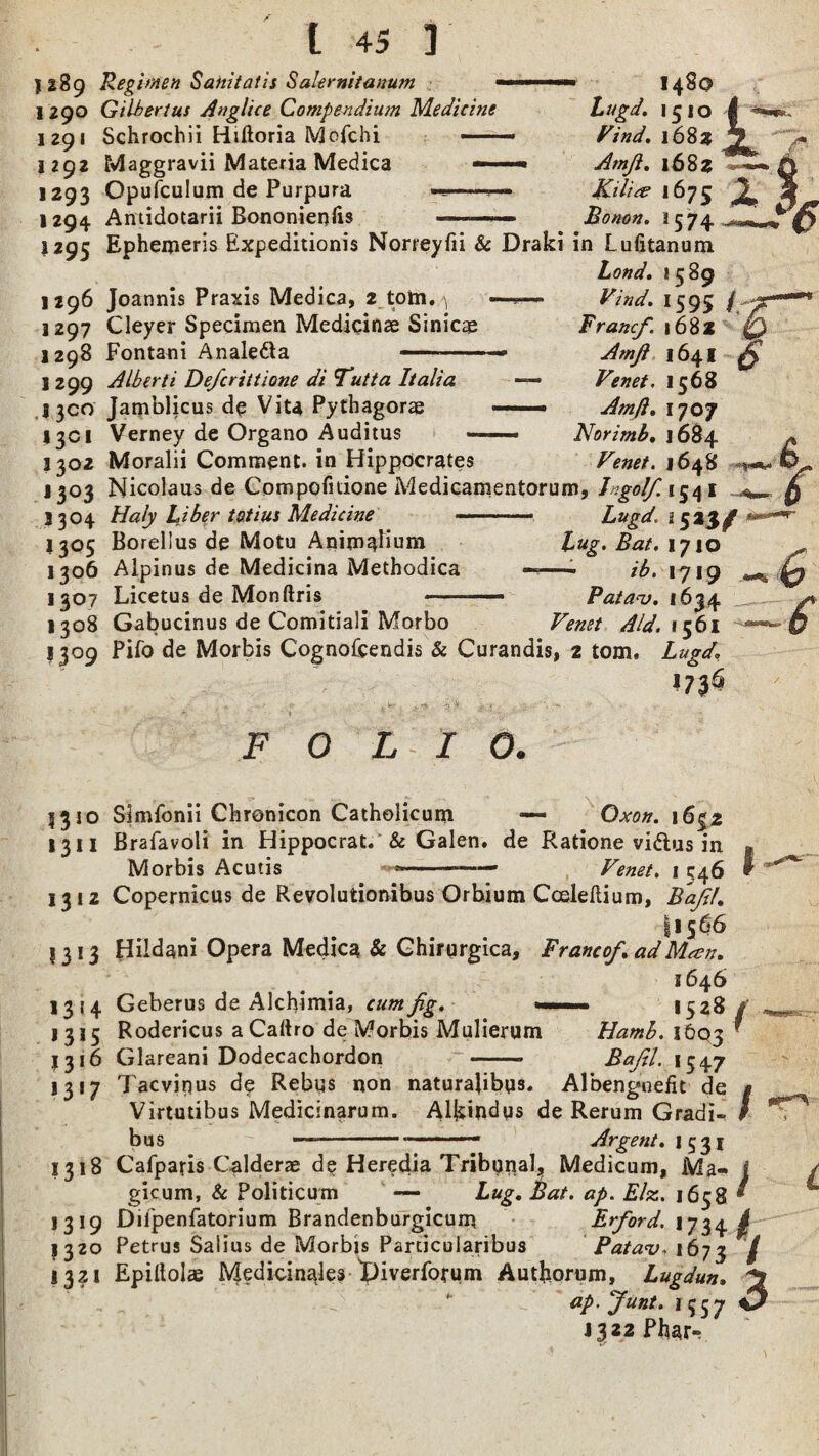 I 289 Regimen Sanitatis Salernitanum 1290 Gilbert us Anglice Compendium Medicine 1291 Schrochii Hiftoria Mofchi — 1292 Maggravii Materia Medica — 1293 Opufculum de Purpura -■ -., 1294 Antidotarii Bononienfis -- Lugd. 1510 Find. 1682 Amfi. 1682 Kilt re 1675 Bo non. 3574 1295 Ephemeris Expedition^ Norreyfii & Draki in Lufitanum Lond. *589 1296 Joannis Praxis Medica, 2 tom. 4 —?— 1297 Cleyer Specimen Medicinae Sinicae 1298 Fontani Anale&a - - 1 299 Alberti De/crittione di Tutta Italia — Vind. 1595 / Franc/. 1682 0 Amfi 1641 $ Venet. 1568 Amft. 1707 Norimb. 1684 Venet. 1648 j 3C0 Jamblicus de Vita Pythagoras 13d Verney de Organo Auditus 1302 Moralii Comment, in Hippocrates 1303 Nicolaus de Compofidone Medicamentorum, Ingolf. 1541 J304 Haly Liber to,tins Medicine ... Lugd, ; 523^ 1305 Borellus de Motu Animalium Lug. Bat. 1710 1306 Alpinus de Medicina Methodica ——- ib. 1719 1307 Licetus de Monftris ■ 1 Patanj. 1634 1308 Gabucinus de Comitiali Morbo Venet Aid. 1561 1309 Pifo de Morbis Cognofcendis & Curandis, 2 tom. Lugd\ 173$ FOLIO. 1310 Simfonii Chronicon Catholicum — Oxon. 1632 1311 Brafavoli in Hippocrat. & Galen. de Ratione vidlus in 8 Morbis Acutis *-— Venet. 1 546 * 1312 Copernicus de Revolutionibus Orhium Cceleflium, Bafil. 11566 1313 Hildani Opera Medica & Ghirurgica, Franco/ ad Man. 1646 1314 Geberus de Alchimia, cum fig. —— 1528 / 1315 Rodericus aCattro de Morbis Mulierum Hamh. 16Q3 * 1316 Glareani Dodecachordon - Bafil. 1347 1317 Tacvipus de Rebus non naturajibus. Albengnefit de « Virtutibus Medicinarum. Alkindys de Rerum Gradi- / bus ~ --- -—— Argent. 1531 1318 Cafparis Calderae de Heredia Tribunal, Medicum, Ma« i gicum, & Politicum — Lug. Bat. ap. Elz. 1658 * 1319 Diipenfatorium Brandenburgicum Erford. 1734 £ 1320 Petrus Salius de Morbis Particularibus Pata<v. 1673 / 1321 Epiltolae iVfedicinajes Ipiverforum Authorum, Lugdun. *9 ap.Junt. 1557 ^ J322 Phar«T