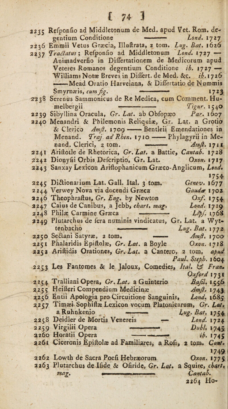 22J5 RefponUo ad Middletonum de Med. spud Vet. Rom. de- gentium Conditione .— Lond. 1727 2236 Emmii Vetos Grascia, Illuftrata, z tom. Lug. Bat. 1626 2237 Vr ad at us; Refponfio ad Middletonum LoW. 1727 — Animadverfio in DifFertationem de Medicorum apud Veteres Romanos degentium Conditione ib. 1727 Williams Notse Breves in DilFert. de Med. See. ib. 1726 ———*Mead Oratio Harveiana, & DilFertatio de Nummis Smyrnads, cum Jig. ■■ —1— 1723 2238 Serenus Sammonicus de Re Medica, cum Comment. Hu- melbergii •-—-- Tigur. 154O 2239 Sibyllina Oracula, Gr. Lat. ab Obfopaeo Par. 1607 2240 Menandri & Philemonis Reliquiae, Gr. Lat. a Grotio & Clerico Amji. i 709 — Bentleii Emendationes in Menand. Traj. ad Rken. 1710 --Phylagyrii in Me- nand. Clerici, 2 tom. —-- Amji. 1711 2241 Ariftotle de Rhetorica, Gr.Lat. a Battle, Cantab. 1728 2242 Dionyfii Orbis Defcriptio, Gr.Lat. Oxon. 1717 2243 Sanxay Lexicon Ariftophanicum Graeco-Anglicum, Lend, !754 2245 Di&ionarium Lat. Gall. Ital. 3 tom. 2244 Verwey Nova via docendi Grasca 2246 Theophraftus, Gr. Eng. by Newton 2247 Caius de Canibus, a Jebb, chart. mag. 2248 Philas Carmine Grasca - .— 2249 Plutarchus de fera numinis vindicates, tenbacho > 2.250 Se&ani Satyrae, 2 tom, .. Genev. 1677 Gaudar 1702 Ox/. *754 Lond. I729 Li'pJ. 1768 Gr. Lat. a Wyt- Lug. Bat. 1772 Amji. 170 o 2251 Phalaridis Epiftolae, Gr.Lat. a Boyle Oxon. 1728 2252 Ariftidis Orationes, Gr.Lat. a Cantero, 2 tom. Paul. Steph. 1604 2253 Les Fantomes & le Jaloux, Comedies, Ital. Oxford 173s 3254 Tralliani Opera, Gr.Lat. a Guinterio BafiL 1.5-56 2255 Heifteri Compendium Medicinae Arnjl. 1743 2256 Entii Apologia pro Circuitione Sanguinis, Lond. 1685 2257 Timaei Sophifts Lexicon vocum Platonicarum, Gr. Lat, a Ruhnkenio ——— Lug. Bat. 1754 2258 Deidier de Mortis Venereis — Lond. 1724 2259 Virgilii Opera ■ ■■ Dubl. 1745 3260 Horatii Opera -- ■■■ ib. 1745 2261 Ciceronis Epiftolas ad Famili&res, a Rofs, 2 tom. Cant. 1749 2262 Lowth de Sacra Poefi Hebraeorum Oxon. 1775 2263 Plutarchus de Hide & Oliride, Gr. Lat. a Squire, chart, wtag. ... mu. Cantab. 2264 Ho*