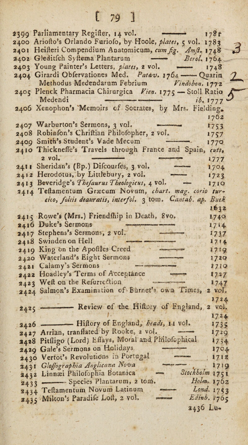 / 2399 Parliamentary Regifter, 14 vol. 178? 2400 Ariofto’s Orlando Furiofo, by Hoole, plates, 5 vol. 1783 2401 Heifteri Compendium Anatomicum, cum fig. Amfi.xjafi 2402 Gleditfch Syftema Plantarum .— BeroL 1764 2403 Young Painter’s Letters, plates, 2 vol. — 1748 2404 Girardi Obfervationes Med. PaidT). r764 —Quarira Method us Medendarum Febrium Vindobon, 177 2 2405 Plenek Pharmacia Chirurgica Vien. 1775 — Stoll Ratio r 2-, Medendi * 717 2406 Xenophon’s Memoirs of Socrates, by Mrs* Fielding*. 1762 2407 Warburton’s Sermons, 3 vol, 2408 Robinfon’s Chriftian Philofopher, 2 vol. 2409 Smith’s Student’s Vade Mecum 2410 ThicknefTe’s Travels through France and Spain 2 vol. ■ ■■ 2411 2412 2413 *4*4 Sheridan’s (Bp.) Difcourfes, 3 vol. Herodotus, by Littlebury, 2 vol. Beveridge’s Hhefaurus Theologicus, 4 vol. Teftamentum Graecum Novum, chart, eico, faliis deauratis, interfol, 3 tom. *7S3 *757 1770 cuts* 1777 1704 1723 1710 tur* mag. cor to Cantab* ap, Buck i £ a 2 2415 Rowe’s (Mrs.) Friendlhip in Death, 8vo, 2416 Duke’s Sermons « 2417 Stephens’s Sermons, 2 vol. 2418 Swinden on Hell Sim 2419 King On the Apoftles Creed 2420 Waterland’s Eight Sermons 2421 Calamy’s Sermons * — 2422 Hoadley’s Terms of Acceptance 2423 Weft on the RefumTticn 2424 Salmon’s Examination of Burnet’s own Times, I74Q 17‘4 *73-7 17*4 l 7 E9 1/2Q 17 IQ 17-3 7' s 747 2 V Ol . I724 Review of the Hiftory of England, 2 vol. 1724 Hiftory of England, heads, M vol, 2427 Arrian, tranBated by Rooke, z vol. —• 2428 Pitftigo (Lord) Eftays, Moral and Philofophical 2425 2426 2429 Gale’s Sermons on Holidays 2430 Vertot’s Revolutions m Portugal 2431 Glo/Jographia Anghcana Nc<va 2432 Linnaei Philofophia Botanica 2433 —-- Species Plantarum, 2 tom. 2434 Teftamentum Novum Latin urn 2435 Mikon’s Paradifc Loft, 2 vol. *73$ 1729 *7 34 *?c4 , *7*2 7 , *7*9 Stockholm s 7 5 1 Holm.» 176 z bond, 1733 Edinb. i'765 2436 Ltt*