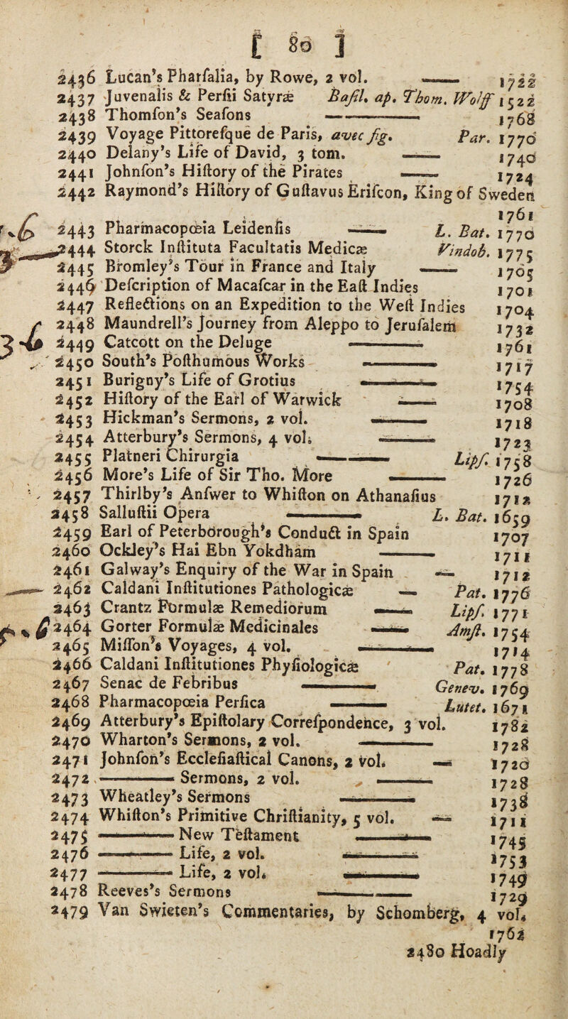 2436 Lucan's Pharfalia, by Rowe, 2 vol. — iyH 2437 Juvenalis & Perfsi Satyrs BafiU ap. Thom. Wolff it ii 2438 Thomfon’s Seafons -————. 1^68 2439 Voyage Pittorefque de Paris, a-vec fig. /V. 1770 2440 Delany’s Life of David, 3 tom. — .. jy^o 2441 Johnfon’s Hiftory of the Pirates ——« 1724 2442 Raymond’s Hi Rory of Guftavus Erifcon, King of Sweden J r 176l 2443 Pharmacopoeia Leidenlis — £t £at% Storck Inftituta Facultatis Medics Vindob. 1775 Bromley’s Tour in France and Italy Defcription of Macafcar in the Eaft Indies Reflexions on an Expedition to the Well Indies Maundrell’s journey from Aleppo to Jerufalem Catcott on the Deluge — South’s Pofthumdus Works --— Burigny’s Life of Grotius -. - Hiftory of the Earl of Warwick -■ . Hickman’s Sermons, 2 vol. —— . Atterbury’s Sermons, 4 voh -*—■—* Platneri Chirurgia More’s Life of Sir Tho. More ■■ , Thirlby’s Anfwer to Whifton on Athanafius Salluflii Opera —-- - Earl of Peterbdrough’s ConduX in Spain OckJey’s Hai Ebn Yokdham - Galway’s Enquiry of the War in Spain Caldani Inftitutiones Pathologies -= Crantz Formulae Remediorum —— Gorter Formulae Medicinales —~ Miflon's Voyages, 4 vol. —■ ,, Caldani Inflitutiones Phyfiologicze Senac de Febribus .. ■ Pharmacopoeia Periica Atterbury’s Epiftolary Correfpondehce, 3 vol. Wharton’s Sermons, 2 vol. — Johnfon’s Ecclefiaftical Canons, 2 Vol* — -.--—— Sermons, 2 vol. —-- , Wheatley’s Sermons —.— Whifton’s Primitive Chriftianity, 5 vol. ■*■= New Teftament , ..... Life, 2 vol. -— Life, 2 vol* ■■■-!■ , Reeves’s Sermons - - J705 1701 1704 1732 1761 17*7 17 54 1708 1718 1723 Lip/* 17 5 B 1726 171* L. Bat. 1639 1707 1711 *—. 1712 Pat. 1776 Lipfi 1771 Amfi. 1754 1714 Pat. 1778 Getienj. 1769 Lutet. 1671 1782 1728 l72d 1728 1738 1711 174S 1753 1749 1729 Van Swieten’s Commentaries, by Schomberg, 4 voL 2480 Hoadly