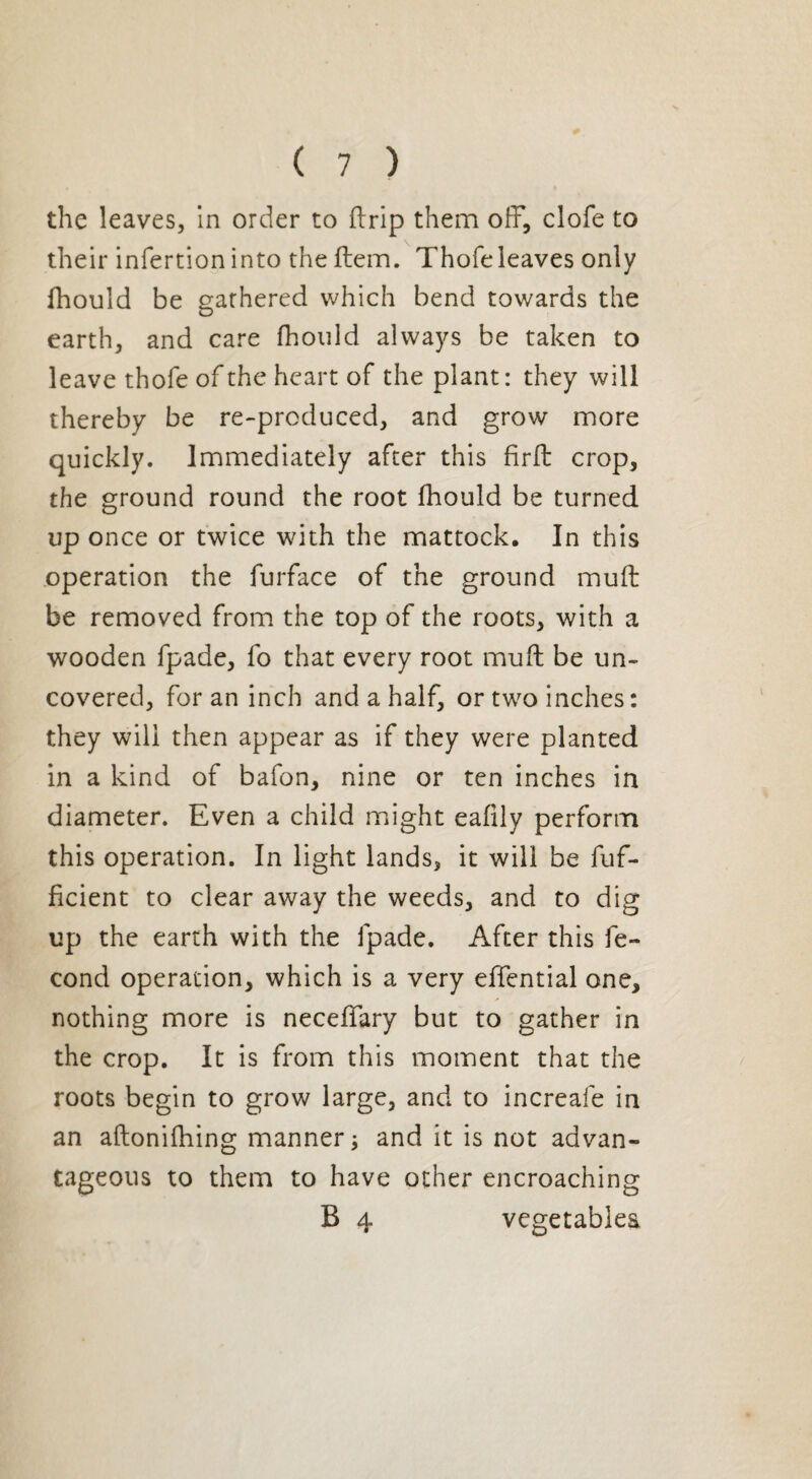 the leaves. In order to ftrip them off, clofe to their infertion into the ftem. Thofeleaves only fhould be gathered which bend towards the earth, and care fhould always be taken to leave thofe of the heart of the plant : they will thereby be re-produced, and grow more quickly. Immediately after this fir ft crop, the ground round the root fhould be turned up once or twice with the mattock. In this operation the furface of the ground muft be removed from the top of the roots, with a wooden fpade, fo that every root muft be un¬ covered, for an inch and a half, or two inches: they will then appear as if they were planted in a kind of bafon, nine or ten inches in diameter. Even a child might eafily perform this operation. In light lands, it will be fuf- ficient to clear away the weeds, and to dig up the earth with the fpade. After this fé¬ cond operation, which is a very effential one, nothing more is neceffary but to gather in the crop. It is from this moment that the roots begin to grow large, and to increafe in an aftonifhing manner ; and it is not advan¬ tageous to them to have other encroaching B 4 vegetables