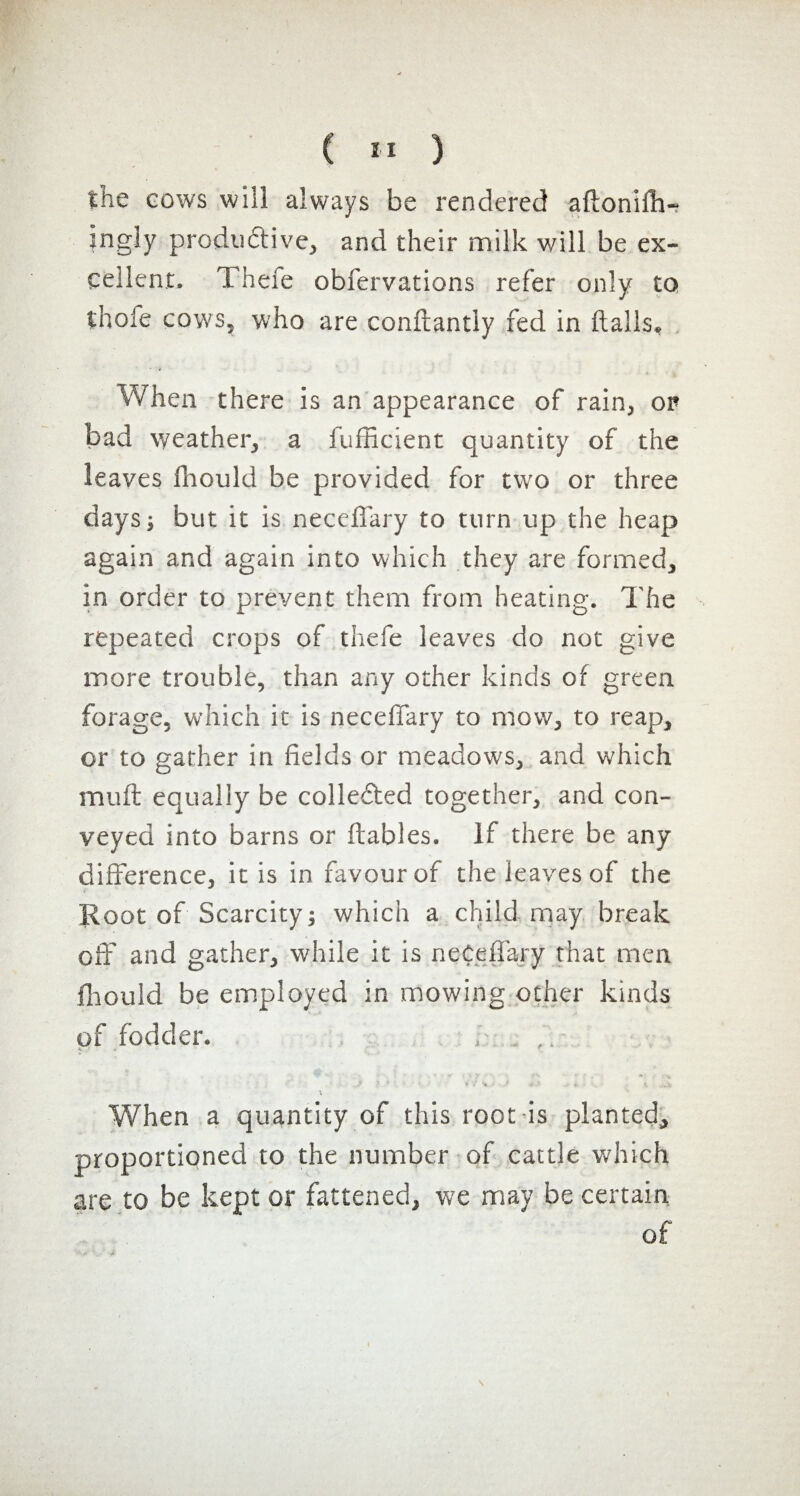 the cows will always be rendered affonifh- ingly productive, and their milk will be ex¬ cellent. Thefe obfervations refer only to thofe cows, who are conftantiy fed in (tails* When there is an appearance of rain, of bad weather, a fufficient quantity of the leaves fhould be provided for two or three days; but it is neceffary to turn up the heap again and again into which they are formed, in order to prevent them from heating. The repeated crops of thefe leaves do not give more trouble, than any other kinds of green forage, which it is neceffary to mow, to reap, or to gather in fields or meadows, and which muff equally be collected together, and con¬ veyed into barns or (tables. If there be any difference, it is in favour of the leaves of the Root of Scarcity; which a child may break off and gather, while it is neceffary that men fhould be employed in mowing other kinds of fodder. When a quantity of this root is planted, proportioned to the number of cattle which are to be kept or fattened, we may be certain of