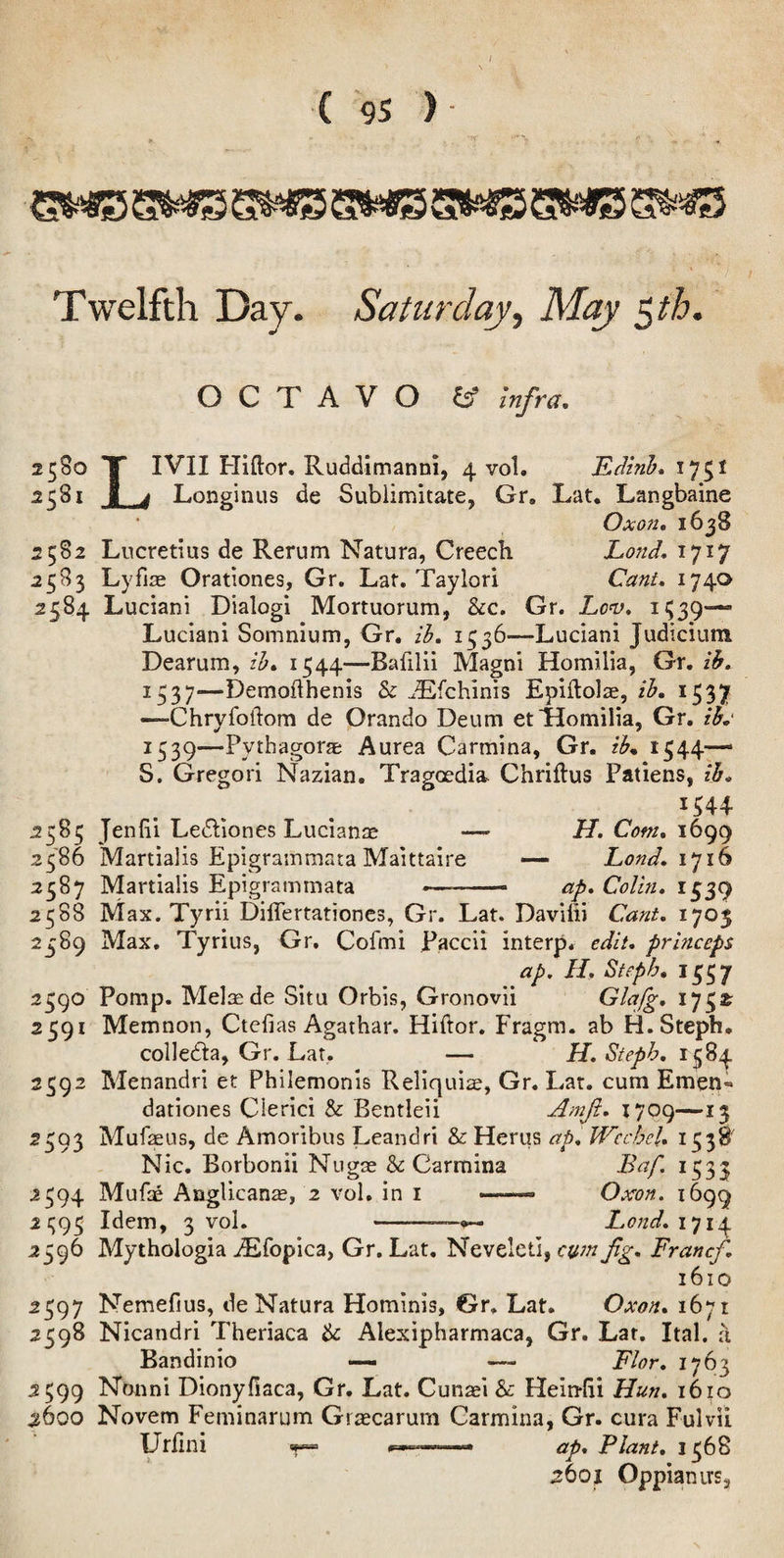 I ( 9S ) Twelfth Day. Saturday^ May ^th, OCTAVO tS’ infra. 2580 T IVII Hiftor. Ruddimanni, 4 vol. Edind, 1751 ■ 4 Longinus de Sublimitate, Gr, Lat. Langbaine Oxon, 1638 2582 Lucretius de Rerum Natura, Creech Land, 1717 2583 Lyfiae Orationes, Gr, Lat. Taylori Cant* 1740 2584 Luciani Dialog! Mortuorum, &c. Gr. Lev, 1^39--“ Luciani Somnium, Gr. ih, 1336—Luciani Judicium Dearum, ih, 1544—Bafilii Magni Homilia, Gr, ib, 1537—Demodhenis &: ^Efehinis Epiitolae, ih, 1537 —Chryfollom de Orando Deum et Homilia, Gr. ih.' 1539—PythagoraB Aurea Carmina, Gr. ih, 1344— S. Gregori Nazian. Tragcedia Chriftus Patiens, ih. 2583 Jendi Ledliones Lucianae — H. Com, 1699 2386 Martialis Epigrammata Maittaire —- Land, 16 2387 Martialis Epigrammata --- ap, Colin. 1339 2388 Max. Tyrii DilTertationes, Gr. Lat. Davilii Cant. 1705 2389 Max, Tyrius, Gr. Cofmi Paccii interp. edit, princeps ap. H. Sfeph, 1357 2390 Pomp. Melaede Situ Orbis, Gronovii Glafg, 1732^ 2391 Memnon, Ctefias Agathar. Hiftor. Fragm. ab H.Steph, colledla, Gr. Lat. — H.Steph.i^^^ 2392 Menandri et Philemonis Reliquiae, Gr. Lat. cum Emen- dationes Clerici & Bentleii Amji. 1709—13 2393 Mufsus, de Amoribus Leandri & Herus ap, Wcchd, 1358 Nic. Borbonii Nugee & Carmina Baf. 1333 2394 Mufae Anglicans, 2 vol. in i ——. Oxon. 1699 2393 Idem, 3 vol. -Lond.\^ii^ 2396 Mythologia iEfopica, Gr, Lat. Neveleti, cum fig. Francf. 1610 2397 Nemefius, de Natura Hominis, Gr. Lat. Oxon, 1671 2598 Nicandri Theriaca & Alexipharmaca, Gr. Lat. Ital. d Bandinio —■ — Flor. 1763 2599 Nonni Dionyfiaca, Gr. Lat. Cunaei & Hein-di Hun. 1610 2600 Novem Feminarum Graecarum Carmina, Gr. cura Fulvil Urfini ap. Plant, 1368 2601 OppianirSj