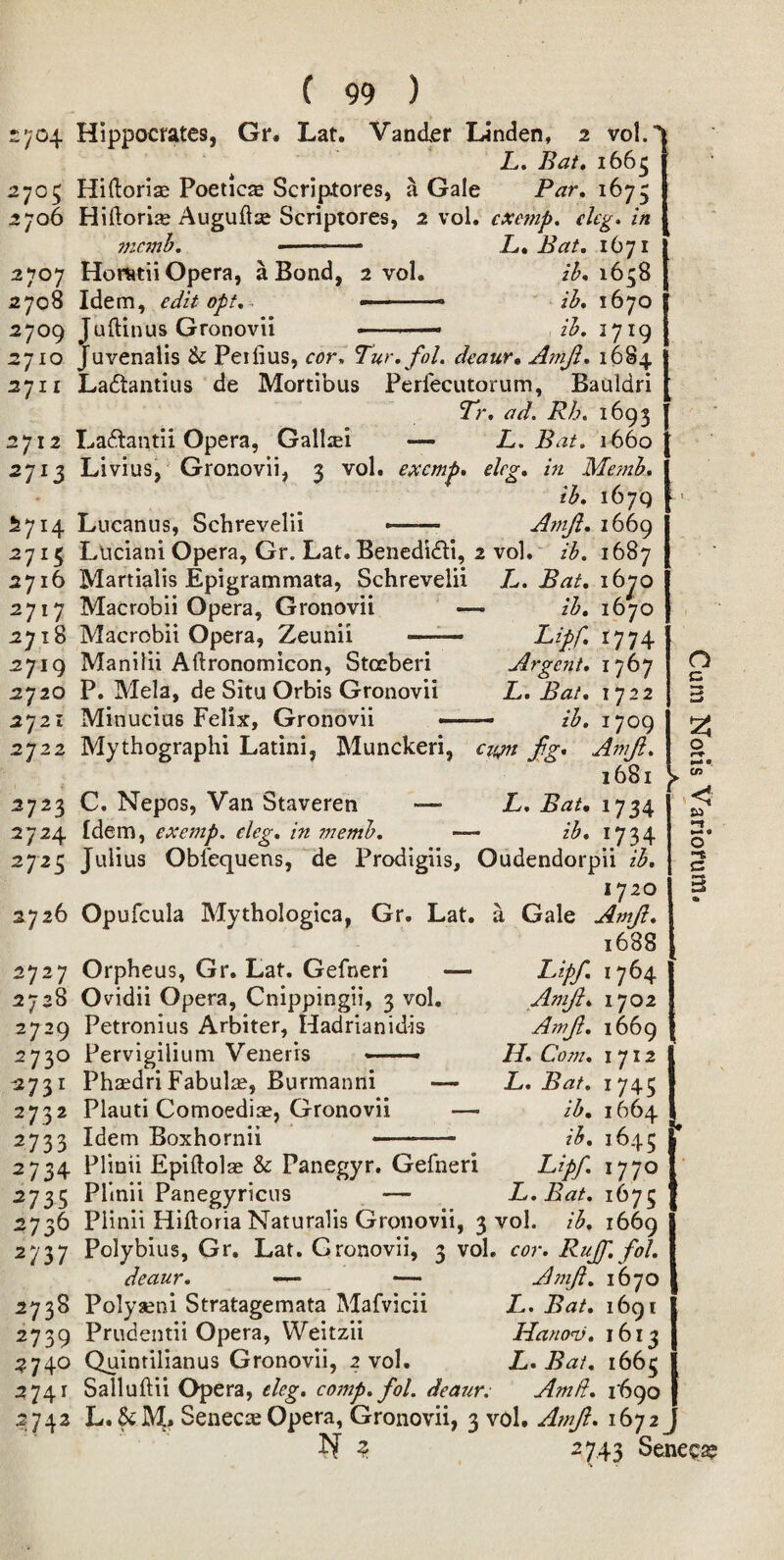 s';04 Hippocrates, Gr. Lat. Vander L4nden, 2 vol. L. Bat, 1665 2705 Hiftoriae Poetics Scriptores, a Gale Par, 1675 2706 Hiftorije Auguftse Scriptores, 2 \o\, cxemp. cleg, in ?KC7nh. --- L, Bat, 1671 2707 Homii Opera, a Bond, 2 vol. 1658 2708 Idem, edit opt, 1670 2709 Juftinus Gronovii • • —« il, 1719 2710 Juvenalis & Peifius, ror.* Tur,foL deaur, Amjl, 1684 2711 La6tantius de Mortibus Perfecutorum, Bauldri Tr, ad. Rb. 1693 2712 La6tantii Opera, GalliEi —- L. Bat, 1660 2713 Livius, Gronovii, 3 vol# excmp, elcg, in Me?nh, ih, 167Q ^714 Lucanus, Schrevelii —- Anifi, 1669 2715 Lliciani Opera, Gr. Lat. Benedidli, 2 vol. ih. 1687 2716 Martialis Epigrammata, Schrevelii h. Bat, ib^o 2717 Macrobii Opera, Gronovii — ih, 1670 2718 Macrobii Opera, Zeunii —^ Lipf 1774 2719 Manilii Aftronomicon, Stccberi Argent, 1767 2720 P. Mela, de Situ Orbis Gronovii L., Bat, 1722 2725 Julius Obfequens, de Prodigiis, Oudendorpii ih, 1720 2726 Opufcula Mythologica, Gr. Lat. Gale 2727 Orpheus, Gr. Lat. Gefneri 2728 Ovidii Opera, Cnippingii, 3 vol. 2729 Petronius Arbiter, Hadrianidis 2730 Pervigilium Veneris » ■■■» 2731 PhaedriFabul^, Burmanni — 2732 Plauti Comoedias, Gronovii 2733 Idem Boxhornii .. Amjl, 1688 Lipf, 1764 AmJi, 1702 Amjl, 1669 li, Coju, 1712 L, Bat. 1743 ih, 1664 ih, 1645 Lipf. 1770 L. Bat. 1675 2734 Plinii Epiftolae & Panegyr. Gefneri 2735 Plinii Panegyricus — 2736 Plinii Hiftoria Naturalis Gronovii, 3 vol. ih, 1669 2737 Polybius, Gr. Lat. Gronovii, 3 vol. cor. Rujf, fol, deaur, — — AjnJi, 1670 2738 Polyaeni Stratagemata Mafvicii L. Bat, 1691 2739 Prudentii Opera, Weitzii HanonJ, 1613 :?740 Quinrilianus Gronovii, 2 vol. L, Bat, 1663 2741 Salluftii Opera, eleg, co7np. fol. deaur: Amft, i'6()o 2742 L.Seneca Opera, Gronovii, 3 vol. Arnjl, 1672 J W ^ 2743 Sene?^