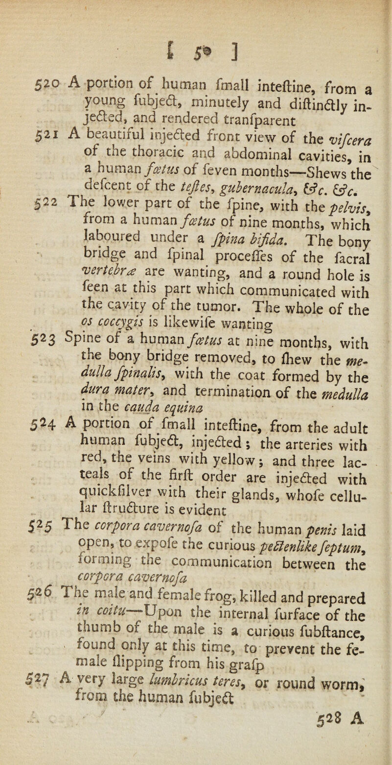 520 A portion of human fmail inteftine, from a young fubjeft, minutely and diftindly in¬ jected, and rendered tranfparent 521 A beautiful iojeded front view of the vifcera of tne thoracic and abdominal cavities, in a human foetus of ieven months“—Shews the defeent of the tefies, gubernacula, (Sc. (Sc. 522 The lower part of the fpine, with the pelvis, from a human feetus of nine months, which laboured under a fpina bifida. The bony bridge and fpinal proceffes of the facral vertebra are wanting, and a round hole is feen at this part which communicated with the cavity of the tumor. The whole of the os coccygis is likewife wanting 523 Spine of a human foetus at nine months, with the bony bridge removed, to fhew the me- dulla fptnaliS) with the coat formed by the dura mater, and termination of the medulla in the cauda equina 524 A portion of fmail inteftine, from the adult human fubjed, injeded; the arteries with red, the veins with yellow \ and three lac- teals of the firft order are injeded with quickfilver with their glands, whofe cellu¬ lar ftrudure is evident 525 The corpora cavernofa of the human penis laid op^n, to expofe the curious pedlenlikefeptum, forming the communication between the corpora cavernofa 520 T he male and female frog, killed and prepared tn coitu • Upon the internal furface of the thumb of the male is a curious fubftance, • found only at this time, to prevent the fe¬ male flipping from his grafp* 527 A very large lumbricus teres9 or round worm, from die human fubjed • * - ■  ' 5^8 A