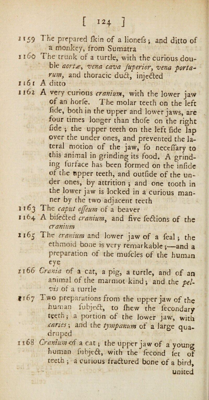 1159 1 he prepared fkin of a lionefs; and ditto of a monkey, from Sumatra i too Fhe trunk of a turtle, with the curious dou¬ ble aorta, vena cava Juperior, vena porta- rum, and thoracic dud, injeded 1161 A ditto 1162 A very curious cranium, with the lower jaw of an horfe. The molar teeth on the left fide, both in the upper and lower jaws, are four times longer than thofe on the right fide •, the upper teeth on the left fide lap over the under ones, and prevented the la¬ teral motion of the jaw, fo neceffary to this animal in grinding its food. A grind¬ ing furface has been formed on the infide ot the tipper teeth, and outfide of the un¬ der ones, by attrition ; and one tooth in the lower jaw is locked in a curious man¬ ner by the two adjacent teeth 1163 1 he caput ojfeum or a beaver 1164 A bifeded cranium, and five fedions of the cranium 1165 The cranium and lower jaw of a feal; the ethmoid bone i-svery remarkable;*—and a preparation of the mufcles of the human eye 1166 Crania of a cat, a pig, a turtle, and of an animal of the marmot kind; and the pel¬ vis of a turtle *167 Two preparations from the upper jaw of the human lubjed, to fhew the lecondary teem; a portion of the lower jaw, with canes % and the tympanum of a large qua¬ druped 1168 Cranium of a cat; the upper jaw of a young human fnbjed, with the fecond fet of teeth ; a curious fradured bone of a bird, united