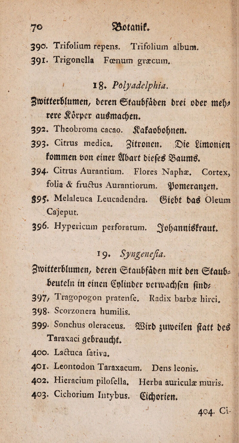 7© Sieiatttf, 390. Trifolium repens. Trifolium album, 391. Trigonella Foenum gratcum* lg* Pölyadelphia. Swttfetblumett, beten ©tuubfäbeit bret ober mefy me Äbrper ou^mac^cn* 392. Theobroma cacao. ^afoübofjnett. 393. Citrus medica. gitronem ,£>te Simonien fommen bon einet Sfbact btefetf $$aum& 394* Citrus Autantium. Flores Naphae. Cortex3 folia & frufbus Aurantiorum. $pomerött$en* 395* Meialcuca Leucadendra. 0iebt bd$ Oleum Cajeput. 396. Hypericum perforatum. 19* Syngenefia. Sttrifferblumen, bereit ©toubfäben mit bett ©taufe beuteln trt einen ^pltttber bermaebfen fmfe 397/ Tragopogon pratenfe. Radix barbae liirci* 398- Scorzonera humilis. 399. Sonchus oleraceus. £8trb SMbetfett f?att be£ Taraxaci ^ebraud)t 400. La&uca fativa* 401. Leontodon Taraxacum. Dens leonis. 402* Hieracium pilofella» Herba auriculae muris. 403. Cichorium Intybus. @id()onett* J ' 404. CF