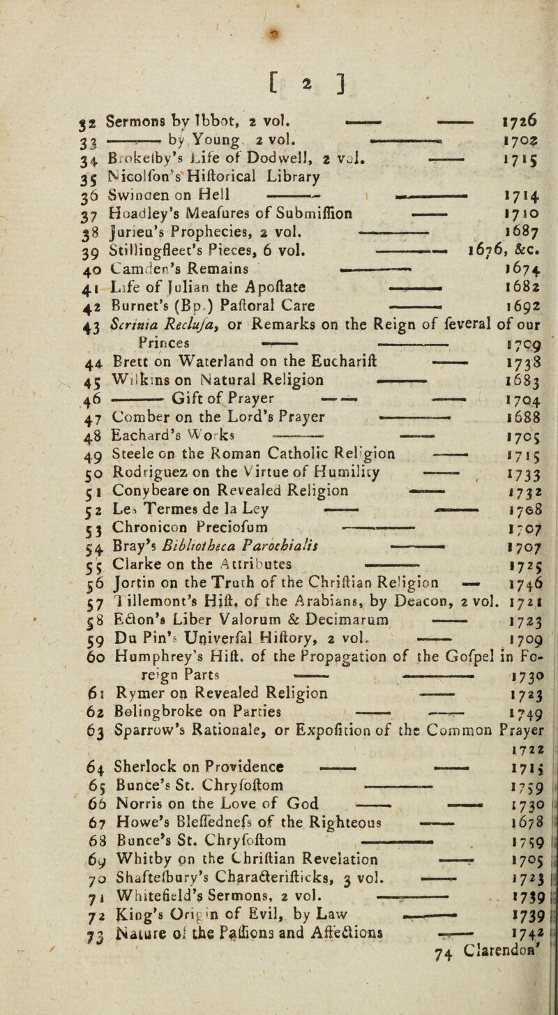 32 Sermons bv Ibbot, 33 -*—• b7 Young 2 Vol. 2 VOl. 34. Broketby’s i^ife of Dodwell, z vol. 3§ Nicolfon's Hiftorical Library 36 Swjnoen on Hell-» 37 Hoadley’s Meafures of Submiffion 1726 1702 1715 38 jurieu’s Prophecies, 2 vol. 39 Stillingfleet’s Pieces, 6 vol. Camden’s Remains Life of Julian the Apoftate Burnet’s (Bp ) Pahoral Care 40 4' * 714 1710 1687 1676, &c. 1674 1682 1692 42 43 $crtma Recluja, or Remarks on the Reign of feveral of our Princes 44. 45 46 47 Brett on Waterland on the Eucharift Wdkinson Natural Religion Gift of Prayer Comber on the Lord’s Prayer Eachard’s Wo ks -— 49 Steele on the Roman Catholic Religion 50 Rodriguez on the Virtue of Humility 31 Conybeare on Revealed Religion 52 Le^ Termes de la Ley - - ■ 53 Chronicon Preciofum — 54 Bray’s Bibliotheca Parochialts - 55 Clarke on the Attributes —— 56 Jortin on the Truth of the Chriftlan Religion — 57 1 illemont’s Hift, of the Arabians, by Deacon, 2 vol. £8 Edion’s Liber Valorum & Decimarum - 59 Du Pin’s Univerfa! Hiftory, 2 vol. 17c >733 1683 17Q4 1688 1705 1715 1733 * 73 2 1708 1707 1707 1725 1746 1721 1723 1709 60 Humphrey’s Hilt, of the Propagation of the Gofpel in Fo¬ reign Parts -—- —--■ 1730 61 Rymer on Revealed Religion —— 1723 62 Belingbroke on Parties .——• 1749 63 Sparrow’s Rationale, or Expofitionof the Common Prayer 1722 64 Sherlock on Providence - ■—- 65 Bunce’s St. Chryloftom --— 66 Norris on the Love of God - ——— 67 Howe’s Bleffednefs of the Righteous 68 Bunce’s St. Chryfoftom - 69 Whitby on the Chriftian Revelation 70 71 7 2 n Shaftefbury’s Charadterifticks, Whitefield’s Sermons, 2 vol. Ring's Origin cf Evil, by Law voi. Nature oi the PalTicna and Affedlions 1715 1759 *73° 1678 1759 1705 1723 *739 *739 ( 74 - 1742; Clarendon'