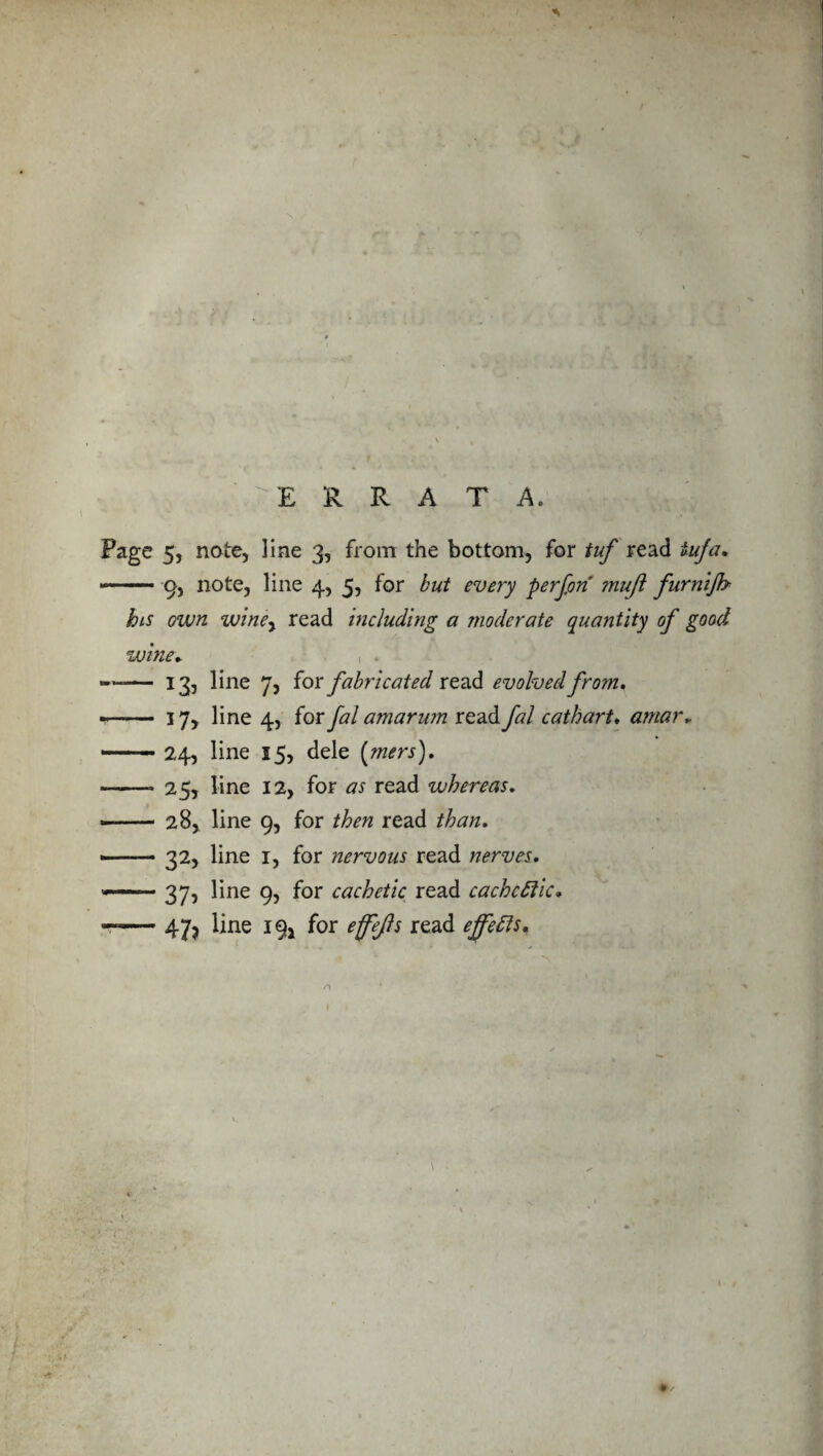 ERRATA. Page 5, note, line 3, from the bottom, for tuf read tufa. — 9, note, line 4, 5, for but every perfon ?nuft furnifly bis own winey read including a moderate quantity of good wine+ *—— 13, line 7, for fabricated read evolved from. --17, line 4, for fal amarum read fal cathart. amar* — 24, line 15, dele [mers). ——• 25, line 12, for as read whereas. -- 28, line 9, for then read than. -- 32, line 1, for nervous read nerves. 37, line 9, for cachetic read cachcftic. — 475 line I9a for read effeäs% \