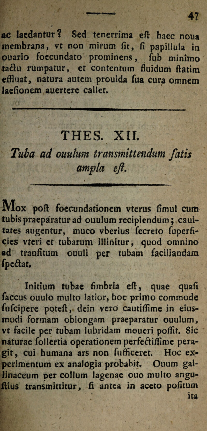 ac laedantur? Sed tenerrima efl haec noua membrapa, vt non mirum fit, fi papiilula in ouario foecundato prominens, fub minimo ta&u rumpatur, et contentum fluidum ftatim effluat, natura autem prouida fua curp omnem iaefionem auertere callet* THES. XII, -•■•- i ^ Tuba ad ouulum transmittendum fatis ampla eft. Mox poft foecundationem vterus fimul cum tubis praeparatur ad ouulum recipiendum; caui- tates augentur, muco vberius fecreto fuperfi- cies vteri et tubarum illinitur, quod omnino ad tranfitum ouuli per tubam faciliandam fpeSat* Initium tubae flmbria eft, quae quafi faccus ouulo multo latior, hoc primo commode fufcipere pQteft, dein vero cautiflime in eius- modi formam oblongam praeparatur ouulum, vt facile per tubam lubridam moueri poflit. Sic naturae follertia operationem perfe&iflime pera¬ git, cui humana ars non fufficeret. Hoc ex¬ perimentum ex analogia probabit* Ouum gal¬ linaceum oer collum lagenae ouo multo angu- ftius transmittitur, fi antea in aceto pofitum ita