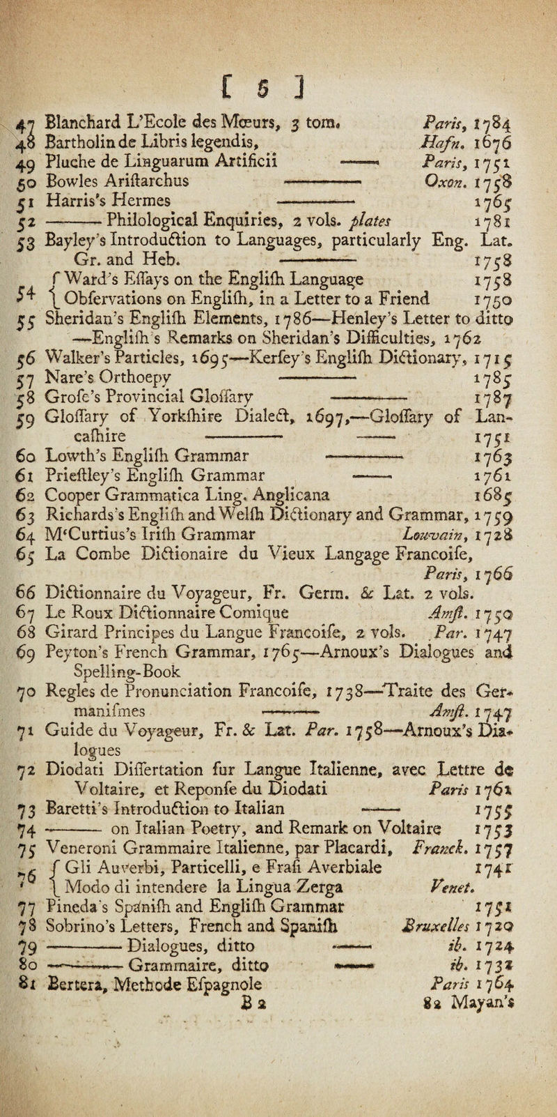 47 Blanchard L’Ecole dcs Mceurs, 5 tom. 40 Bartholin de Libris legcndis, 49 Pluche de LiHguarum Artificii -- 50 Bowles Ariftarchus --- 51 Harris's Hermes -- ^2 -Philological Enquiries, z voh. plates Paris f I‘ Hafn. 1676 Paris y 1751 Oxon. 1753 176J 1781 57 Nare’s Orthoepy 58 Grofe’s Provincial Gloffary —- 59 Gloffary of Yorkfhire Dialedl, 1697,—Gloffary of cafhire - -- 60 Lowth’s Englifh Grammar - 61 Prieftley’s Englifh Grammar - 53 Bayley’s Introduftion to Languages, particularly Eng. Lat. Gr. and Heb. --- 175^ r Ward’s Effays on the Englifh Language ^75^ \ Obfervations on Englifh, in a Letter to a Friend 1750 55 Sheridan’s Englifh Elements, 1786—Henley’s Letter to ditto —Englifh’s Remarks on Sheridan’s Difficulties, 1762 56 Walker’s Particles, 1695—Kerfey’s Englifh Diflionary, 171^ 178J 1787 Lan** 1751 1763 1761 62 Cooper Grammatica Ling. Anglicana 1685 63 Richards’s Englifh and Welfh Di<ffionary and Grammar, 1759 64 M^Curtius’s Irifh Grammar Lm^ain^ 65 La Combe Didionaire du Vieux Langage Francoife, Parisy 1766 66 Didionnaire du Voyageur, Fr. Germ. &: Lat. 2 vols. 67 Le Roux Diftionnaire Comique Amft. 68 Girard Principes du Langue Francoife, 2 vols. Par. 1747 69 Peyton’s French Grammar, 1765—Arnoux’s Dialogues and Spelling-Book 70 Regies de Pronunciation Francoife, 1738—•'Traite des Gef* manifmes 1747 71 Guide du Voyageur, Fr. & L<at. Par. —^Arnoux’s Dia* iogues 72 Diodati Differtation fur Langue Italienne, avec Lcttre dc Voltaire, et Reponfe du Diodati Paris 1761. 73 Baretti’s Introduflion to Italian —— ^755 74 - — on Italian Poetry, and Remark on Voltaire I75‘3 75 Veneroni Grammaire Italienne, parPlacardi, Praneh. 1737 f Gli Auverbi, Particelli, e Frafi Averbiale ^74^ ' \ Modo di intendere la Lingua Zerga Pmet. 77 Pineda's Sp2(nifh and Englifh Grammar ^7i^* 78 Sobrino’s Letters, French and Spanifh Bruxelles i^ZQ 7^ -Dialogues, ditto — So Grammaire, ditto Bertera, Methode Efpagnole B2 ih. 1724 ih. 173* Paris 1764 82 Mayan’s