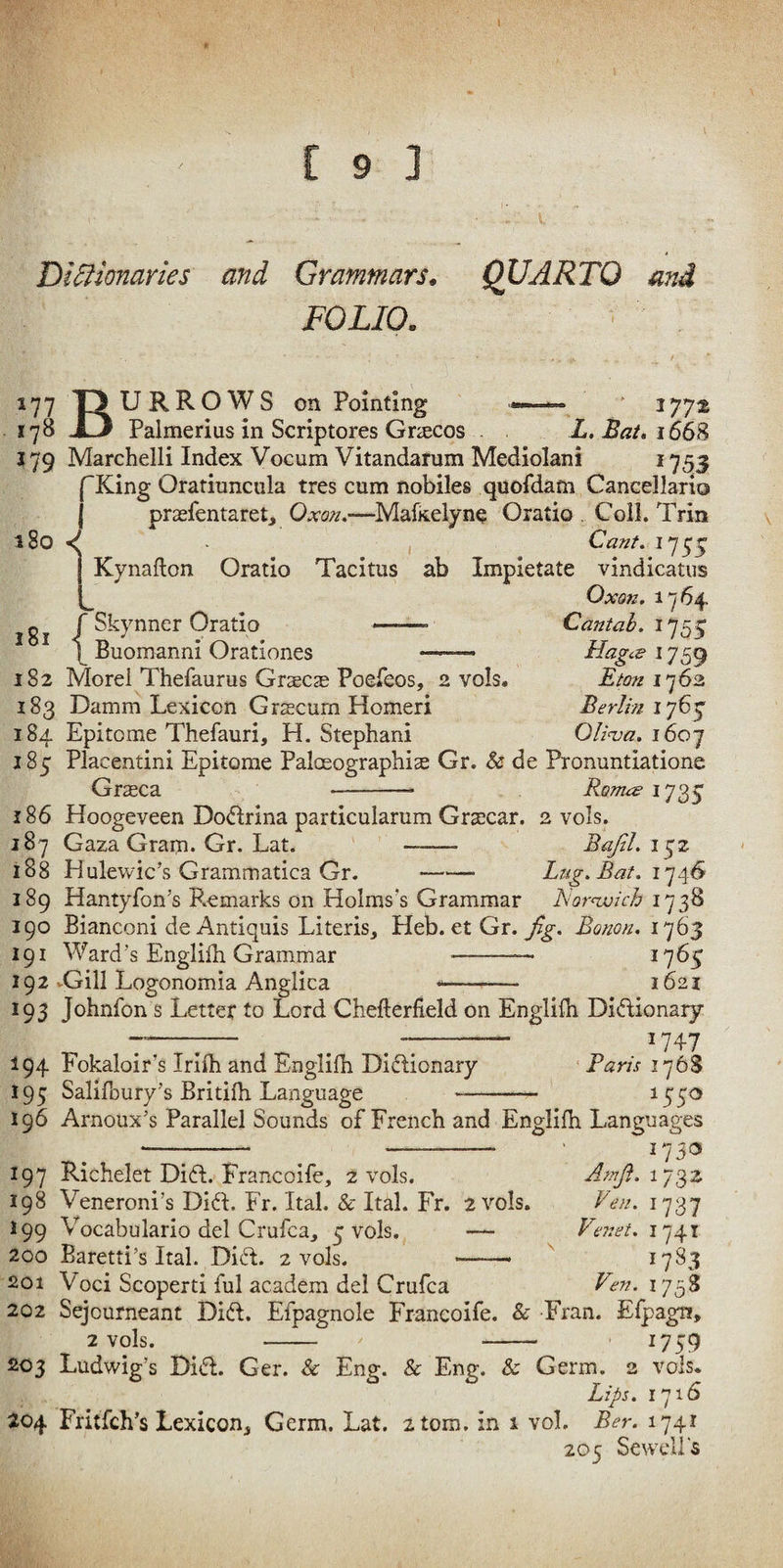 Dictionaries and Grammars, QUARTO and FOLIO. 177 lIURROWS on Pointing — * 1772 178 j13 Palmerius in Scriptores GriECos L, Bat, 166^ J79 Marchelli Index Vocum Vitandarum Mediolani ^753 f~King Orariuncula tres cum nobiles quofdam Cancellario I prasfentaret, Oxon,—^Mafxeiyne Oratio , Coll. Trin I Kynafton Oratio Tacitus ab Impietate vindicatiis 180 181 {Skynner Oratio Buomanni Orationes Ox&K. 1764 Cantab. 1755 Hagcff 1759 Eton 1^62 Berlin 1765' Oli^a. 1607 182 Morel Thefaurus Graeco Poefeos, 2 vols. 183 Damm Lexicon Grscurn Homeri 184 Epitome Thefauri, H. Stepbani 187 Placentini Epitome Paloeographi^ Gr. & de Pronuntiatione Grasca - Romis 1735 186 Hoogeveen Dodrina particularum Graccar. 2 vols. 187 Gaza Gram. Gr. Lat. - Bajil.i^z 188 Hulewic’s Grammatica Gr. -- Lug. Bat. 189 Hantyfon’s P.emarks on Holms*s Grammar Bornvich 1738 190 Bianconi de Antiquis Literis, Heb. etGr. Bonon. 1763 191 Ward’s Englilh Grammar -- ^7^5 192 vGill Logonomia Anglica -- 1621 195 Johnfon s Letter to Lord Chefterfield on Englilh Didionary 7*-;- ^ ^- 1747 194 Fokaloir’s Irilh and Englilh Didionary ■ Paris 176S 195 Salifoury’s Britilh Language - ^55^ 196 Arnoux’s Parallel Sounds of French and Englilh Languages 1730 197 Richelet Dift. Francoife, 2 vols. 198 Veneroni’s Dift. Fr. Ital. & Ital. Fr. 2 vols. 199 Vocabulario del Crufca, 5 vols. — 200 Baretti’s Ital. Did. 2 vols. ——. 201 Voci Scoperti ful academ del Crufca 1732 Ven. 1737 Fenet. 1741 1783 Fen. 1758 202 Sejcurneant Did. Efpagnole Francoife. & Fran. Efpagn, 2 vols. - - 1759 203 Ludwig’s Did. Ger. & Eng. & Eng. & Germ. 2 vols. Lips. 1716 i04 Fritfch’s Lexicon^ Germ. Lat. 2 tom. in 1 vol. Ber. 1741 205 Sewell's