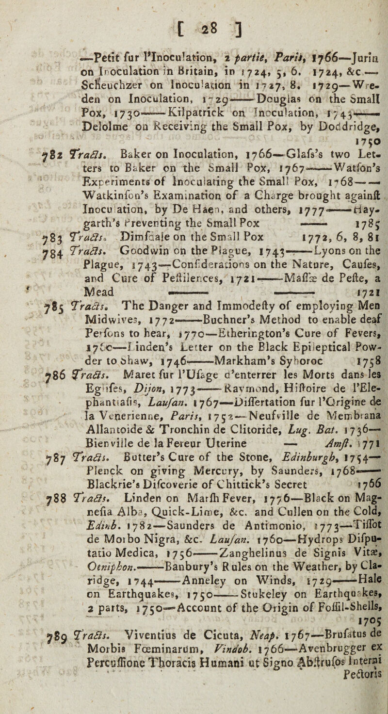 tt —petit fur PInoculation, t fariiet Parli, 1766—Juria on Iroculation in Britain, in 1724, 5, 6. 1724, &c — Sclieuchzer on tnocuUuon in 1727*8. 1729—^Wre- den on Inoculation, i*’29—Douglas on the Small Pox, 1730——Kilpatrick on Inoculation, 174^.—— Delolme on Receiving the Small Pox, by Doddridge, 1750 782 TraSls* Baker on Inoculation, 1766—Glafs’s two Let¬ ters to Baker on the Small Pox, 1767—Watfon’s Experiments of inoculating the Small Pox, — — Watkinfon^s Examination of a Charge brought againfl Inocu ation, by De and others, i777~tiay- garth's Preventing the Small Pox ■—- 1785 783 Tradsn Dimfdale on the Small Pox 1772, 6, 8, St Trads* Goodwin on the Plague, 1743-11—Lyons on the Plague, 1743—Conhderadons on the Nature, Caufes, ar^d Cure of Pellilences, 1721-^-MafTse de Pefte, a h^lead ——■ ■■—' 7 *721 785 Tracts* The Danger and Immodefty of employing Men Mid wives, 1772—Buchner’s Method to enable deaf Pe^fons to hear, 1770—Etherington’s Cure of Fevers, 17$«—linden’s Letter on the Black Epileptical Pow¬ der to ohaw, 1746——Markham’s Syhoroc 1758 786 T^ads* Maret fur I’Ufage ci’enterrer les Morts dans les Eg'ifes, Dijoftt 1773—“Ravmond, HiHoire de PEle- phanttafis, Lau/an. 1767—Diflertation fur I’Origine de la Vetierienne, Paris* 1752 — Neufville de Membtana Allantoide & Tronchin de Clitoride, Lug. Bat. 1736— Bienville de laFereur Uterine — AmJi. ' T'jX 787 Trads. Butter’s Cure of the Stone, Edinburgh* 1754— Plenck on giving Mercury, by Saunders, 1768—— Blackrie’s Difcoverie of Chittick’s Secret 1766 in Trads, Linden on Marlli Fever, 1776—Black on Mag- nefia Alba, Quick-Lime, &c. and Cullen on the Cold, Edinb. 1782—Saunders de Antimonio, 5773—TiiTot de Moibo Nigra, &c. Lau/an. 1760—Hydrops Difpu- tatio Medica, I756<-Zanghelinus de Signis Vitae, -Banbury’s Rules on the Weather, by Cla- ridge, 1744—Anndey on Winds, 1729—Hale on Earthguakes, 1750--Stukeley on Earthquakes, 2 parts, 1750—Account of the Origin of Foifil-Shells, 1705 789 Trads. Viventius de Cicuta, Neap, 1767—Brufatus de Morbis FoeminarUm, Vindob. 1766—Avenbrugger ex PerccHione Thoracis Humani ut Signo Abltrufos Interai